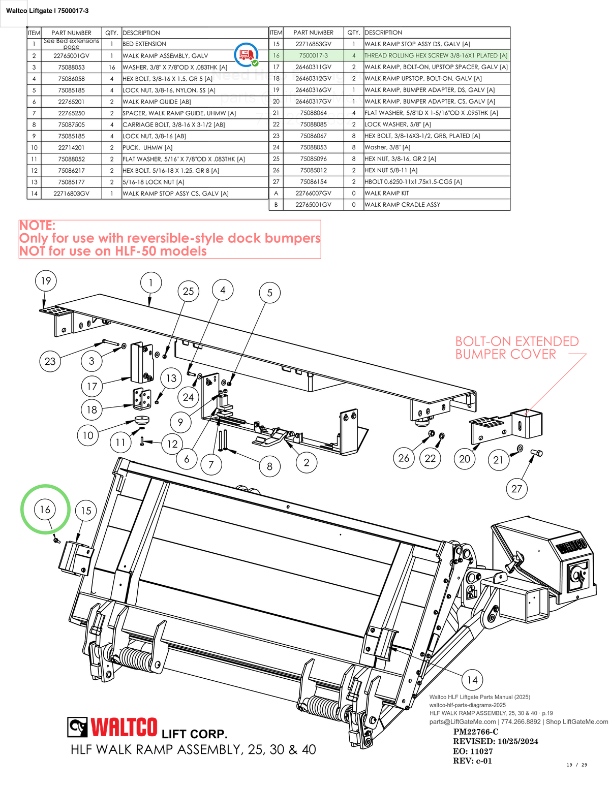 Waltco Liftgate | 7500017-3 — HLF WALK RAMP ASSEMBLY, 25, 30 & 40 · p.19 (Waltco HLF Parts Manual)