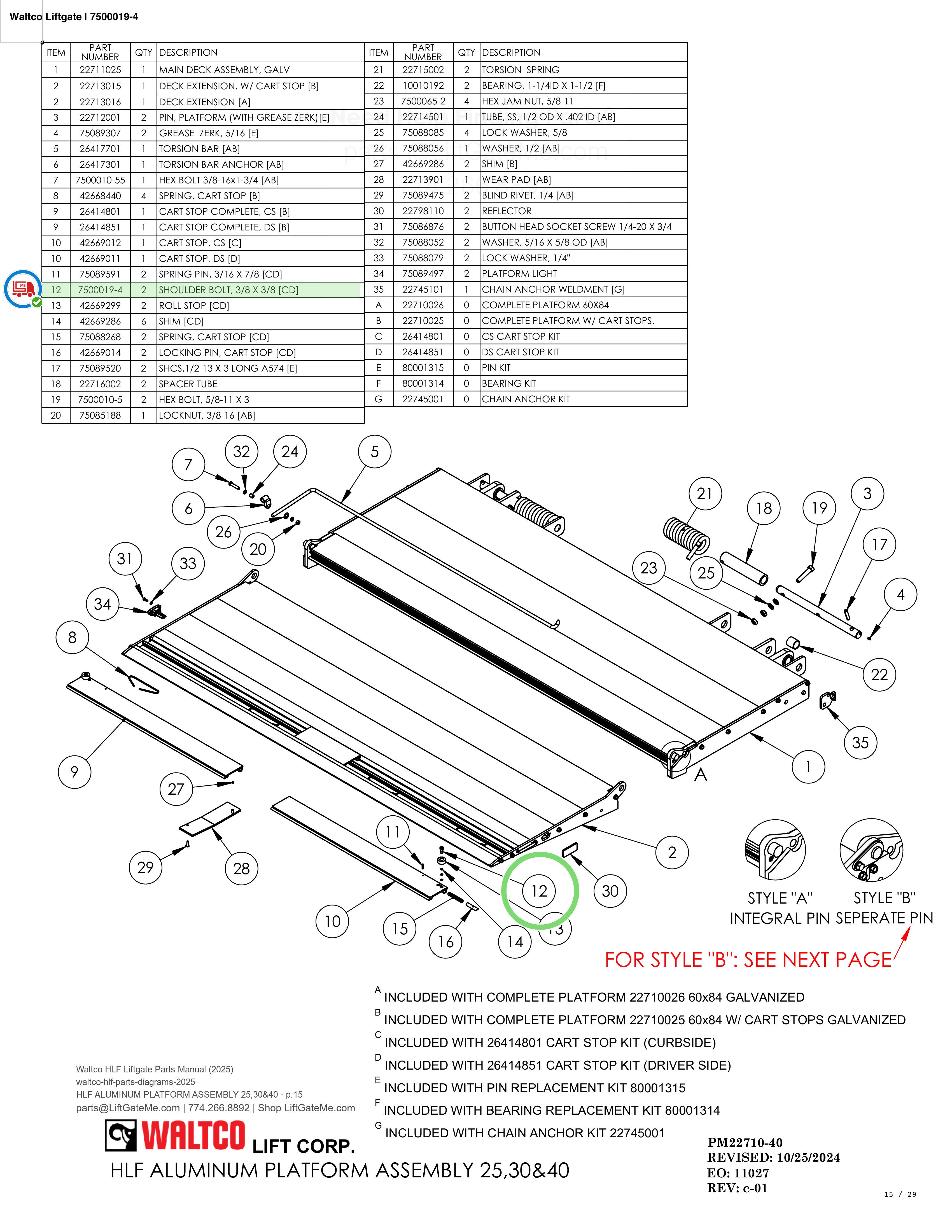 Waltco Liftgate | 7500019-4 — HLF ALUMINUM PLATFORM ASSEMBLY 25,30&40 · p.15 (Waltco HLF Parts Manual)