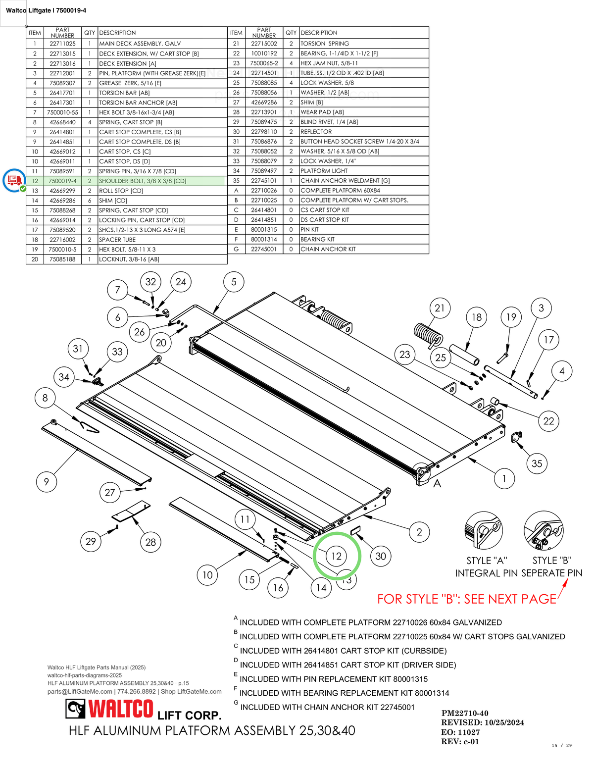 Waltco Liftgate | 7500019-4 — HLF ALUMINUM PLATFORM ASSEMBLY 25,30&40 · p.15 (Waltco HLF Parts Manual)
