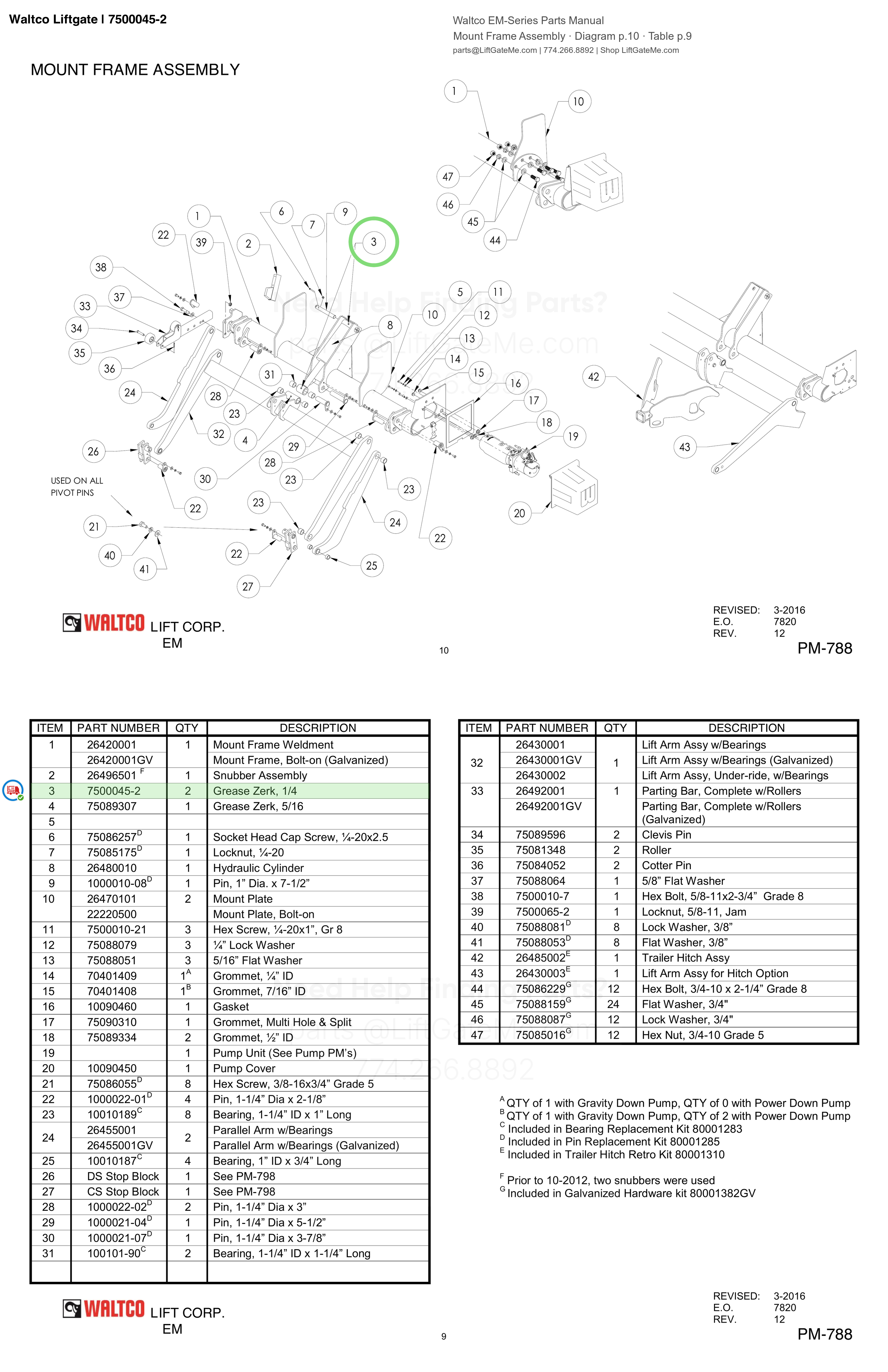 Waltco Liftgate | 7500045-2 — Mount Frame Assembly · Diagram p.10 · Table p.9 (Waltco EM-Series Parts Manual)