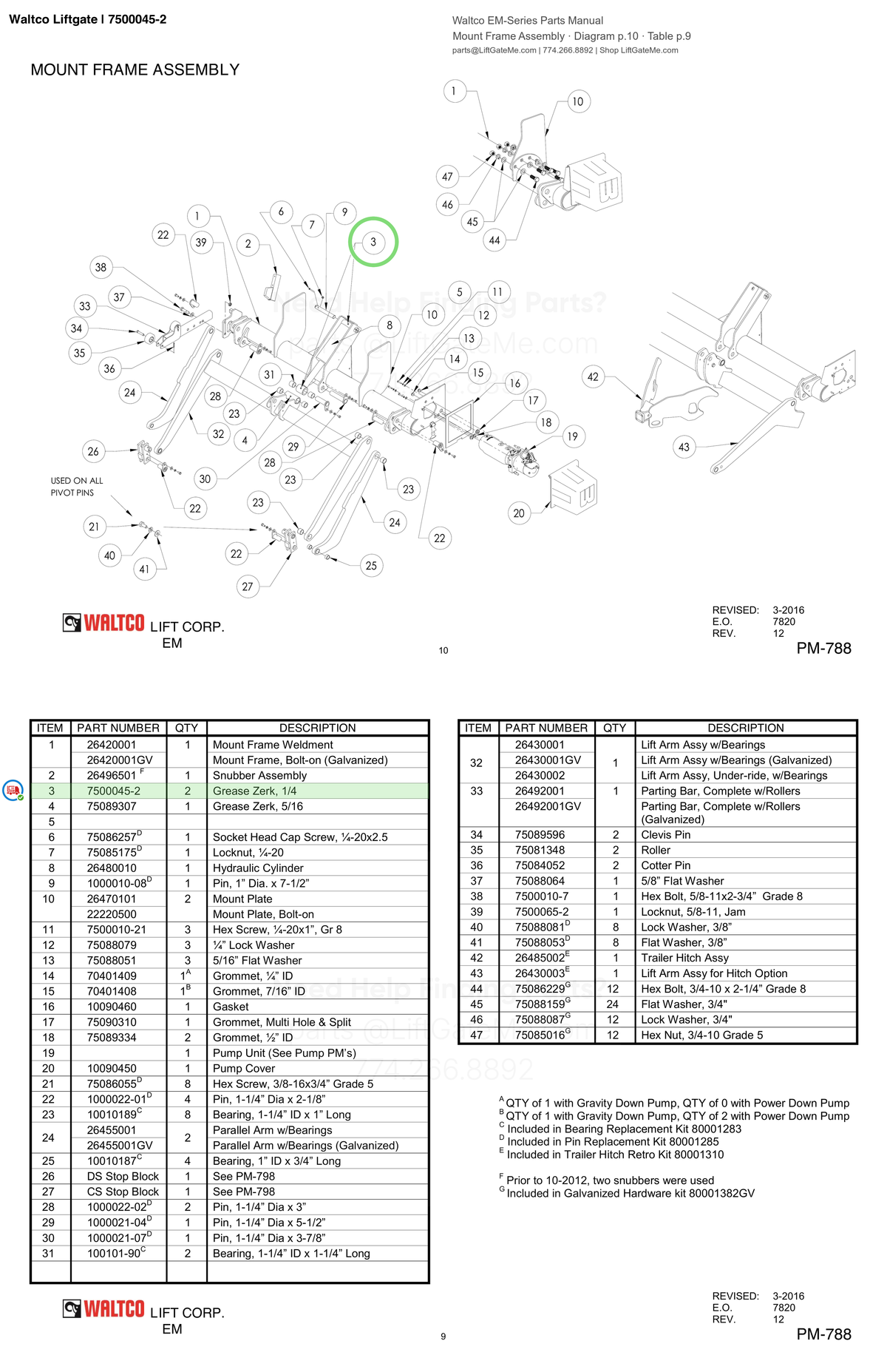 Waltco Liftgate | 7500045-2 — Mount Frame Assembly · Diagram p.10 · Table p.9 (Waltco EM-Series Parts Manual)