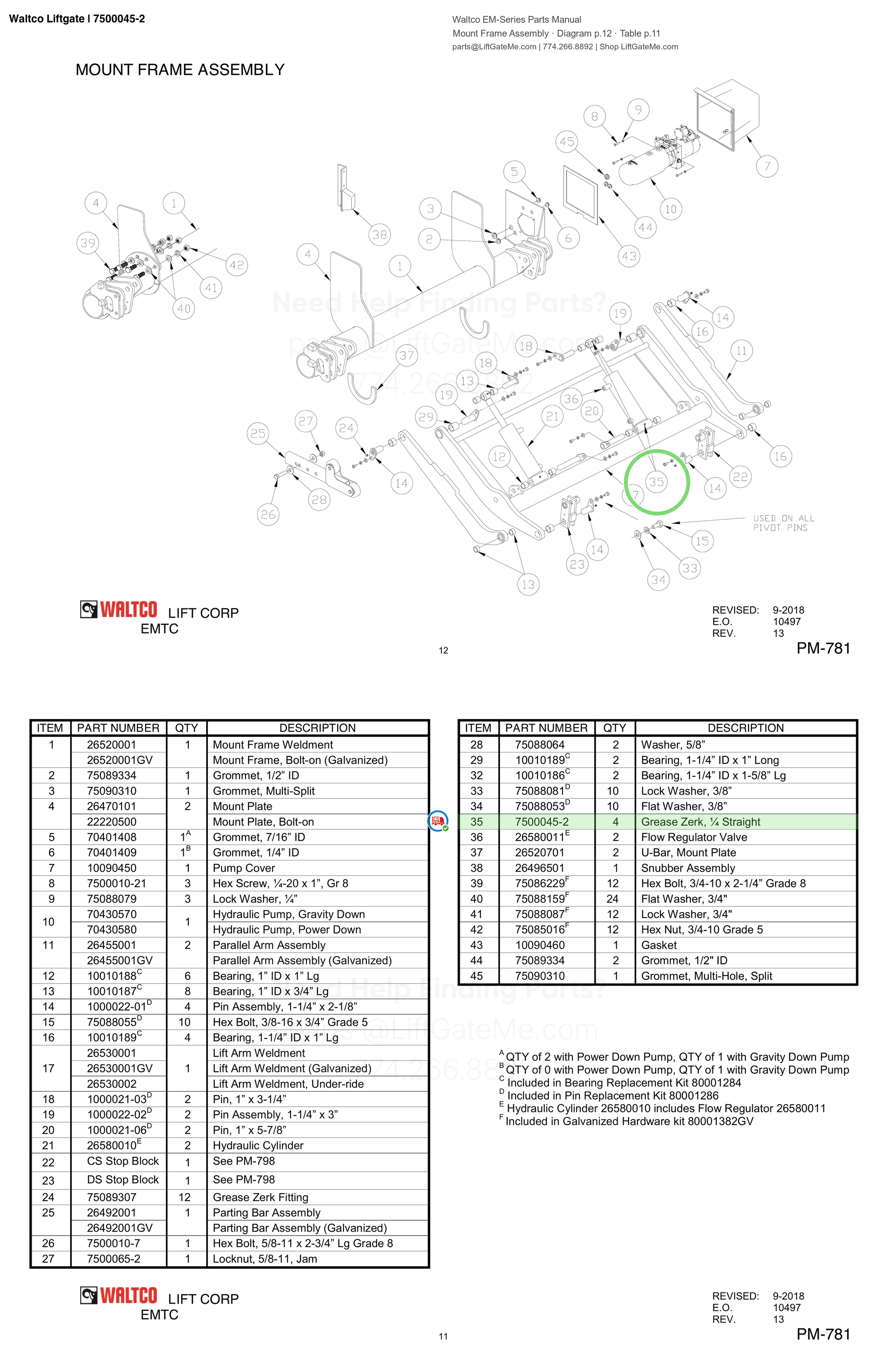 Waltco Liftgate | 7500045-2 — Mount Frame Assembly · Diagram p.12 · Table p.11 (Waltco EM-Series Parts Manual)