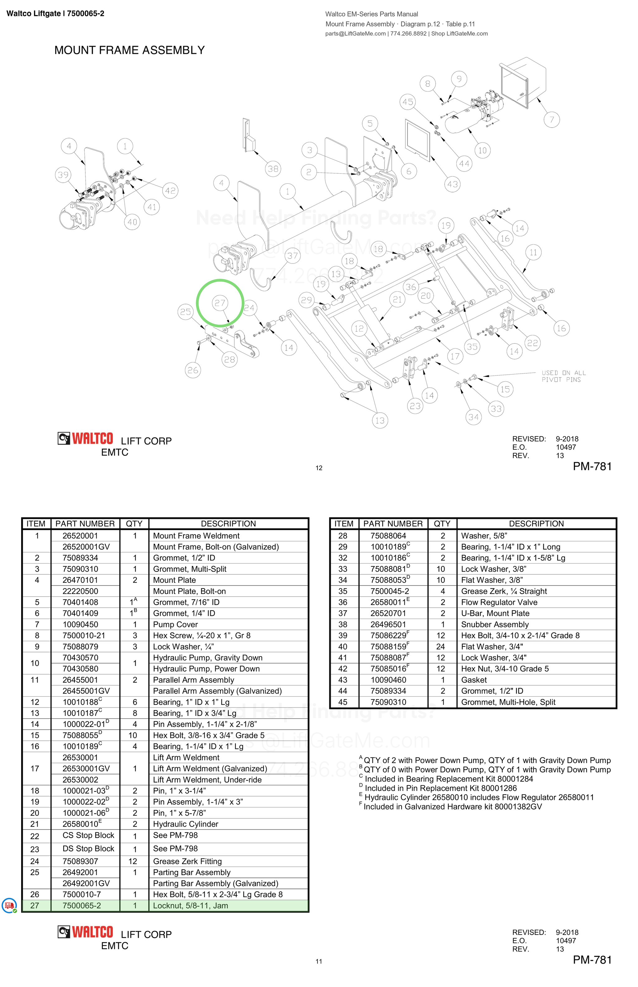 Waltco Liftgate | 7500065-2 — Mount Frame Assembly · Diagram p.12 · Table p.11 (Waltco EM-Series Parts Manual)
