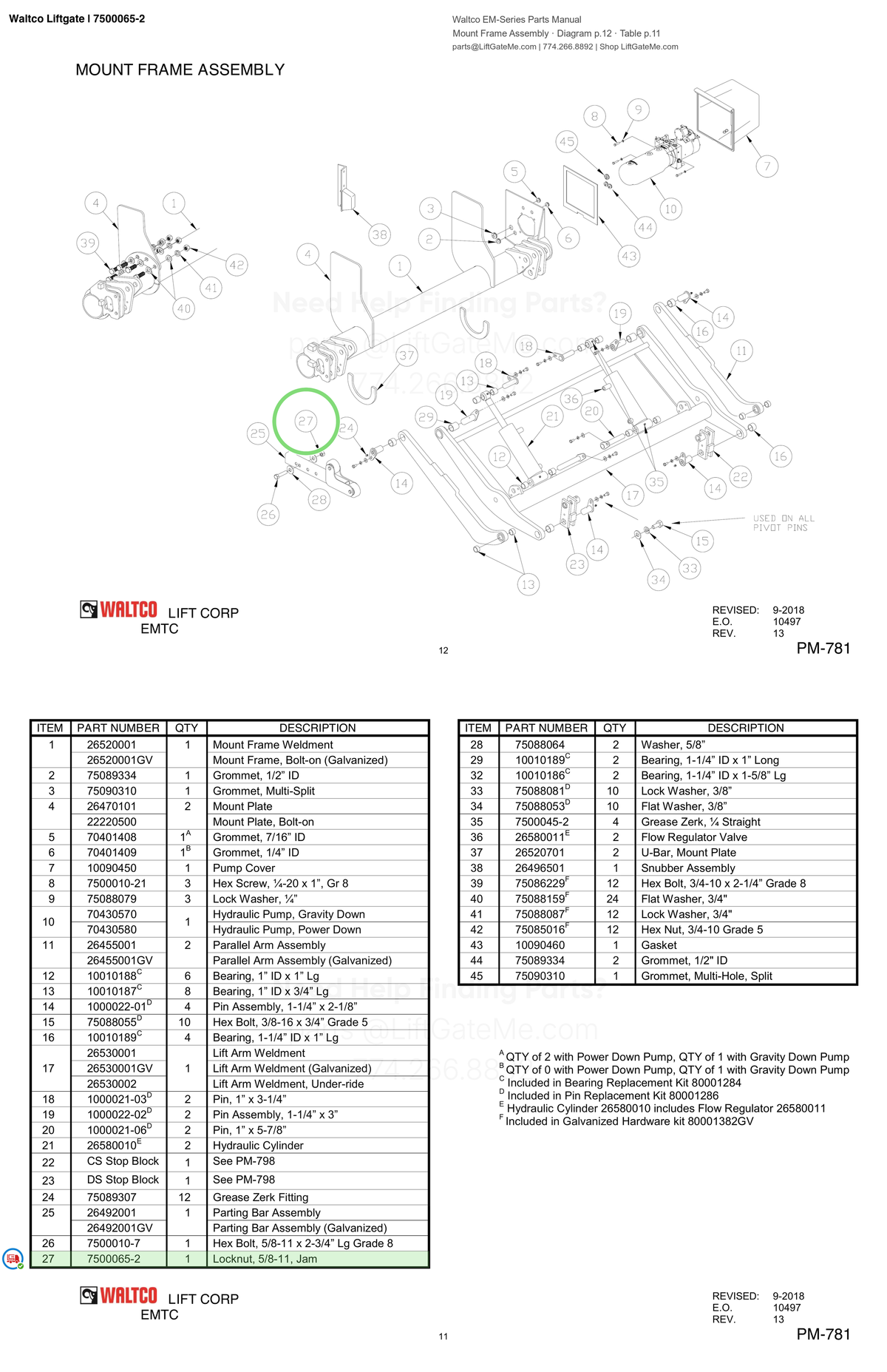 Waltco Liftgate | 7500065-2 — Mount Frame Assembly · Diagram p.12 · Table p.11 (Waltco EM-Series Parts Manual)
