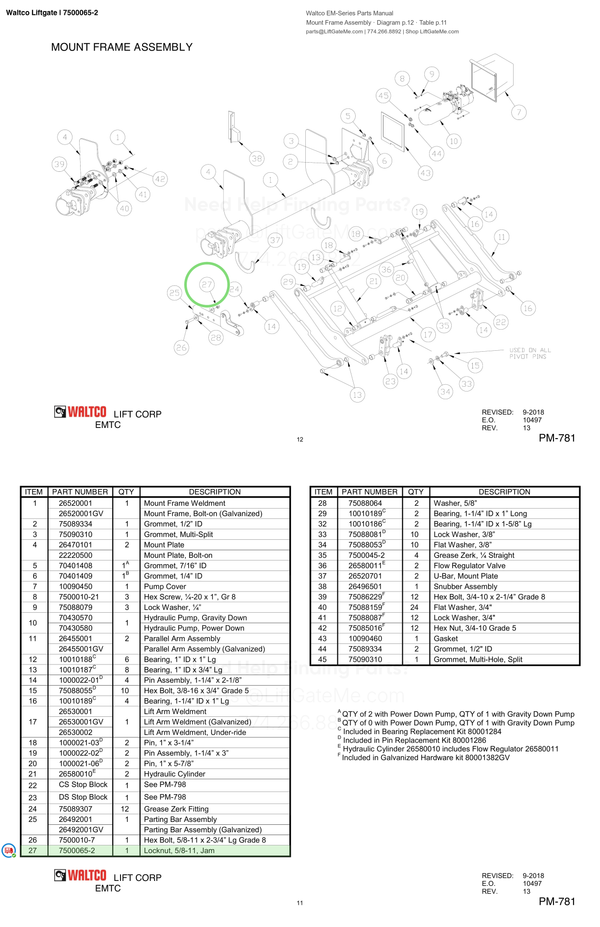 Waltco Liftgate | 7500065-2 — Mount Frame Assembly · Diagram p.12 · Table p.11 (Waltco EM-Series Parts Manual)
