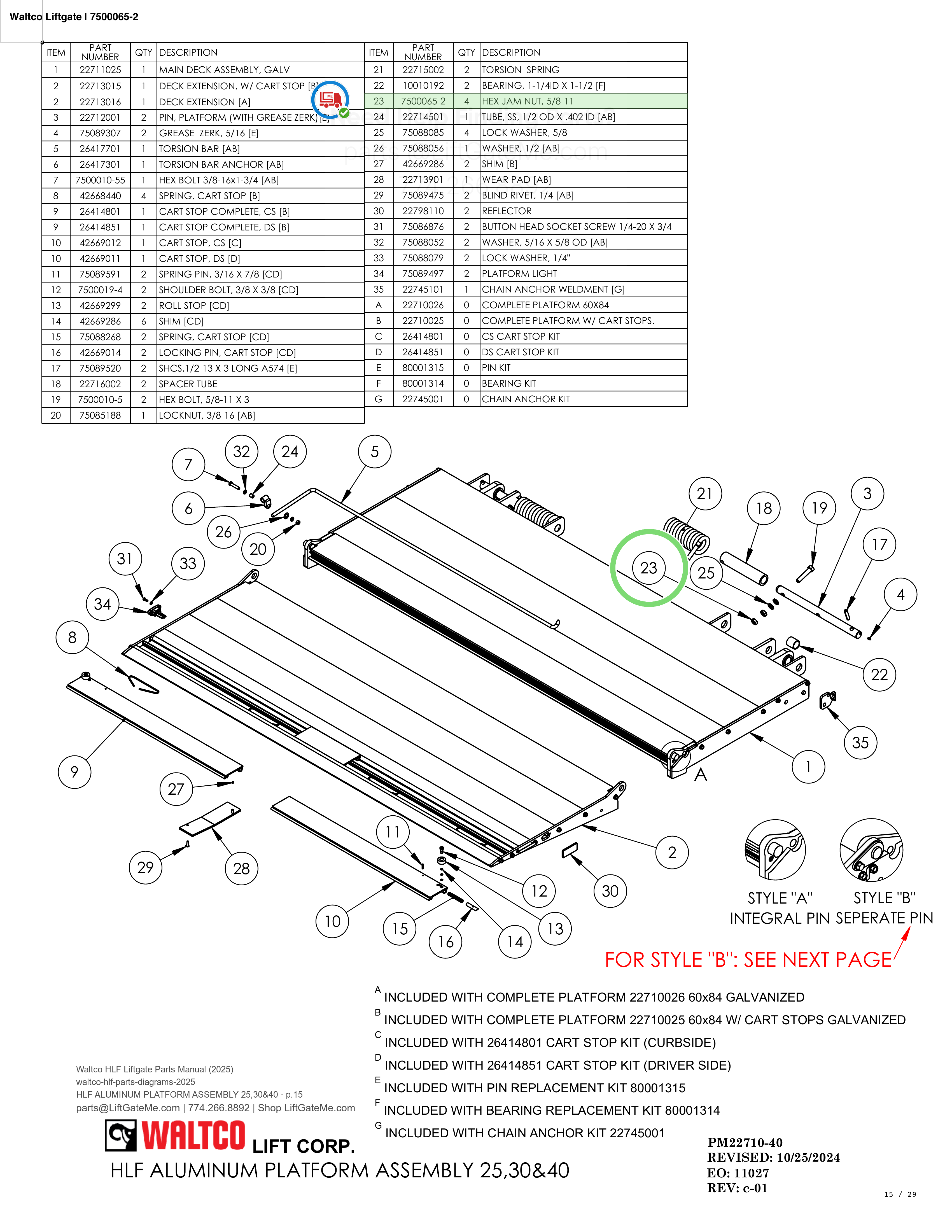 Waltco Liftgate | 7500065-2 — HLF ALUMINUM PLATFORM ASSEMBLY 25,30&40 · p.15 (Waltco HLF Parts Manual)