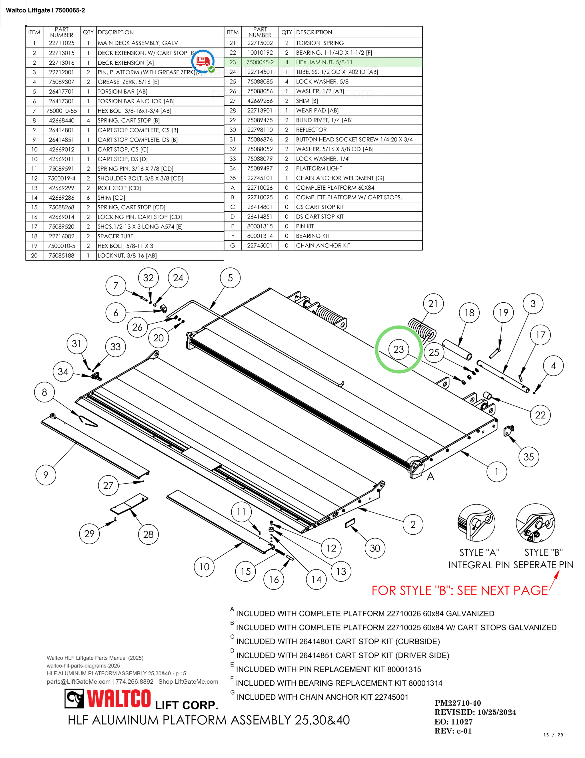 Waltco Liftgate | 7500065-2 — HLF ALUMINUM PLATFORM ASSEMBLY 25,30&40 · p.15 (Waltco HLF Parts Manual)
