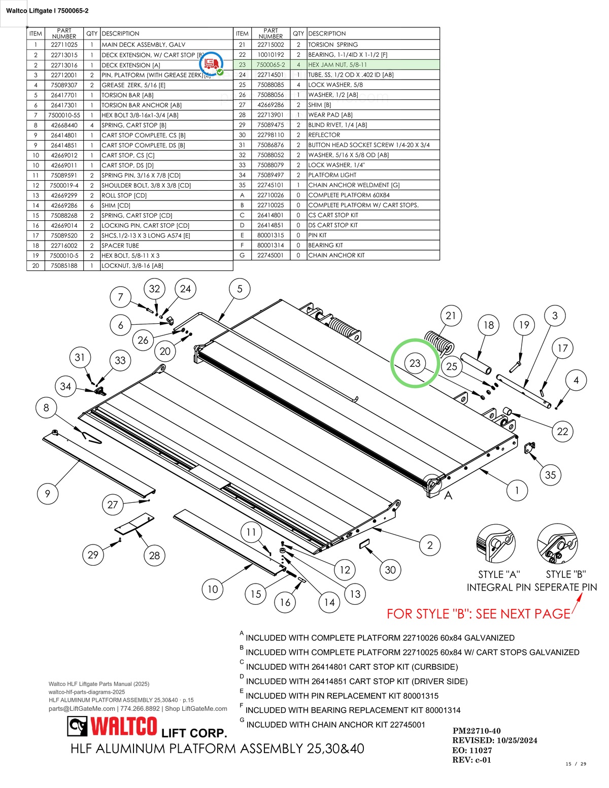 Waltco Liftgate | 7500065-2 — HLF ALUMINUM PLATFORM ASSEMBLY 25,30&40 · p.15 (Waltco HLF Parts Manual)