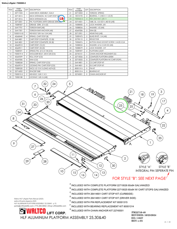 Waltco Liftgate | 7500065-2 — HLF ALUMINUM PLATFORM ASSEMBLY 25,30&40 · p.15 (Waltco HLF Parts Manual)