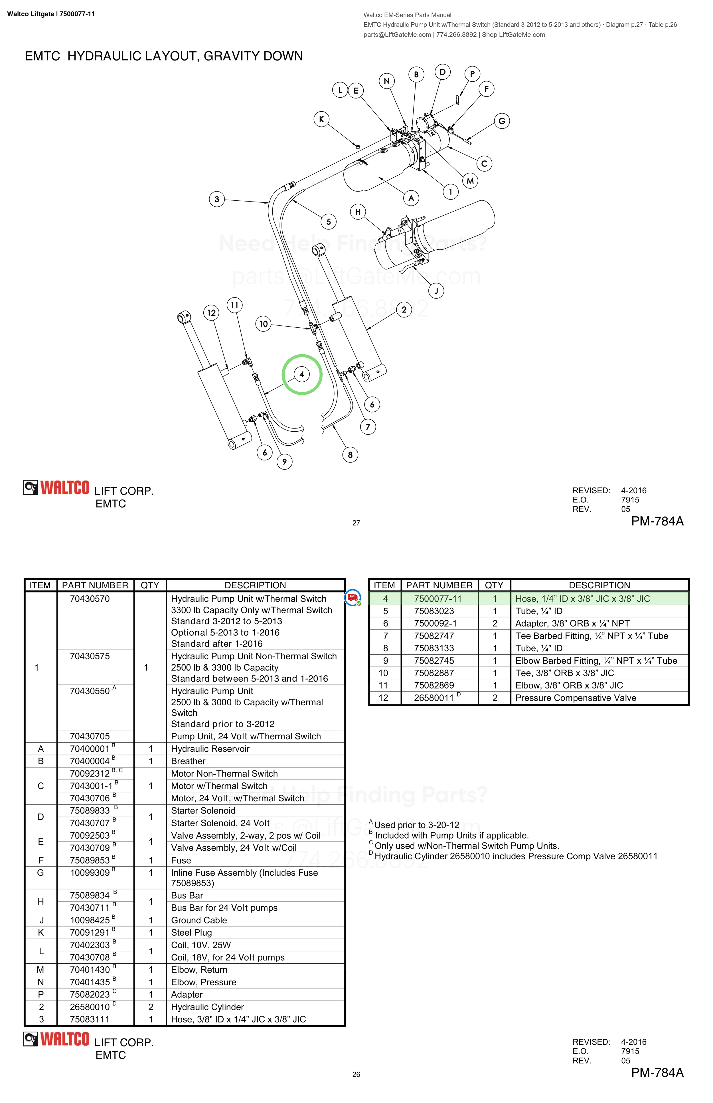 Waltco Liftgate | 7500077-11 — EMTC Hydraulic Pump Unit w/Thermal Switch (Standard 3-2012 to 5-2013 and others) · Diagram p.27 · Table p.26 (Waltco EM-Series Parts Manual)