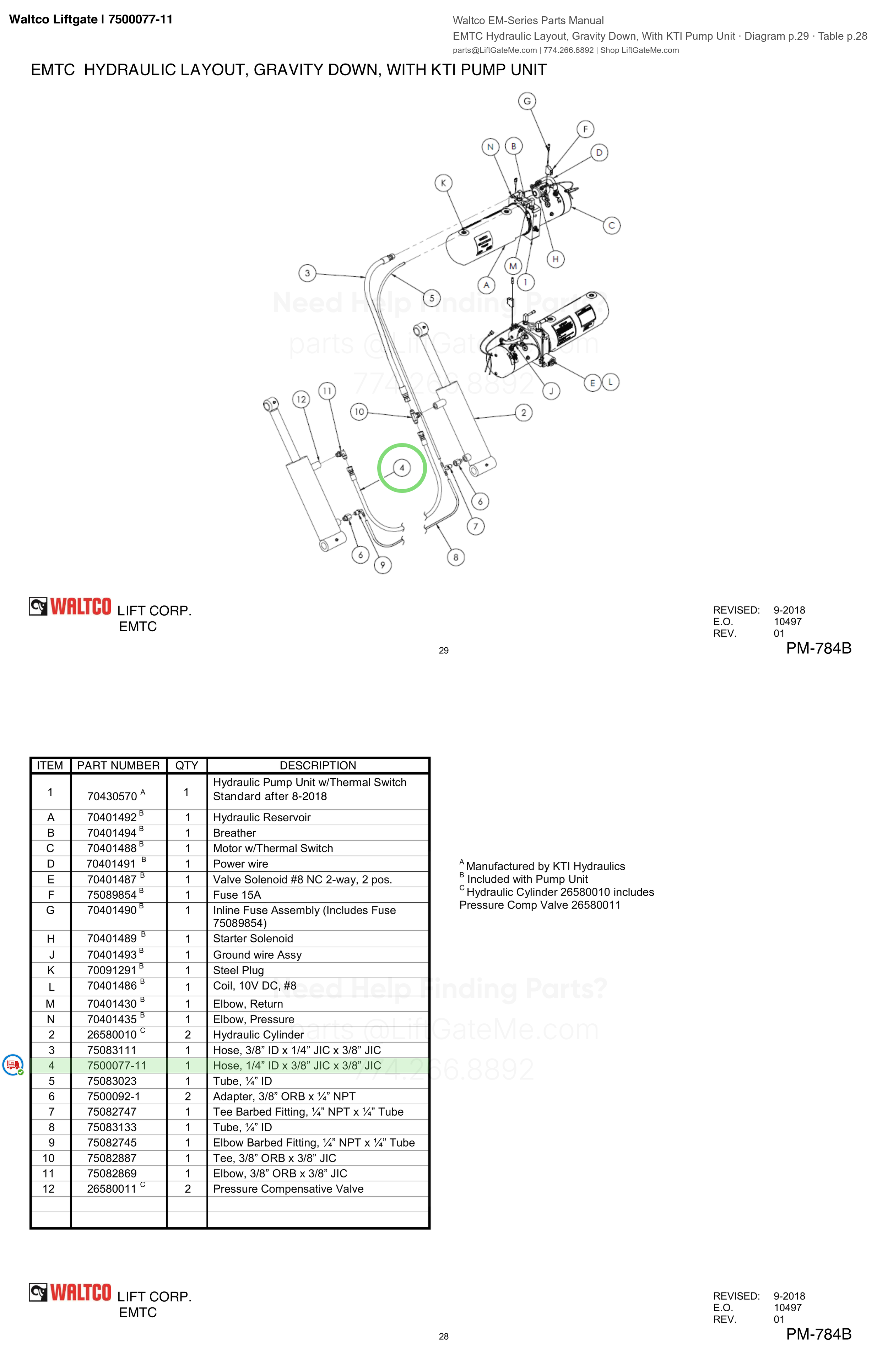 Waltco Liftgate | 7500077-11 — EMTC Hydraulic Layout, Gravity Down, With KTI Pump Unit · Diagram p.29 · Table p.28 (Waltco EM-Series Parts Manual)