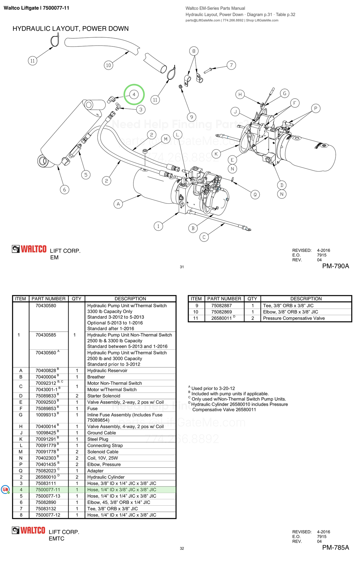 Waltco Liftgate | 7500077-11 — Hydraulic Layout, Power Down · Diagram p.31 · Table p.32 (Waltco EM-Series Parts Manual)