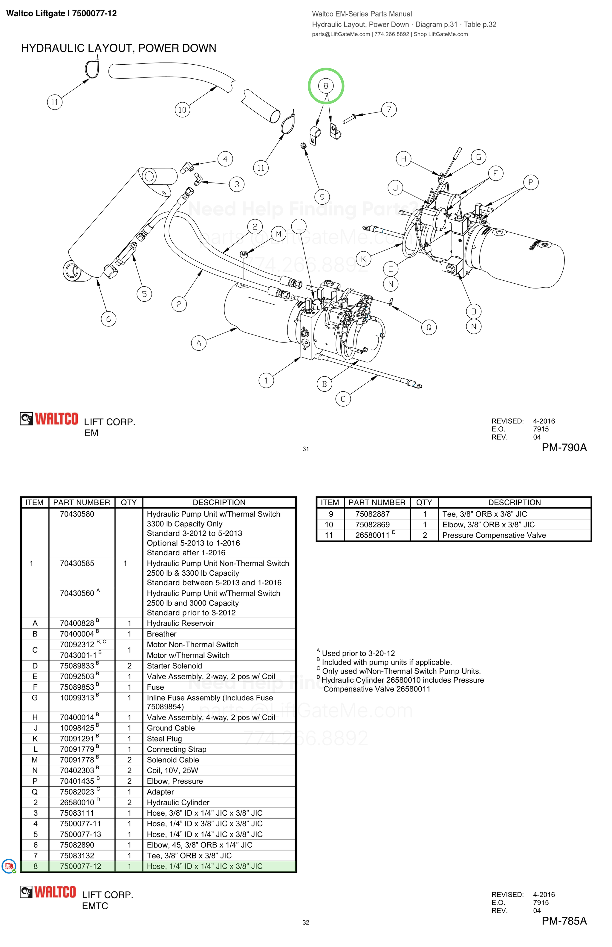 Waltco Liftgate | 7500077-12 — Hydraulic Layout, Power Down · Diagram p.31 · Table p.32 (Waltco EM-Series Parts Manual)