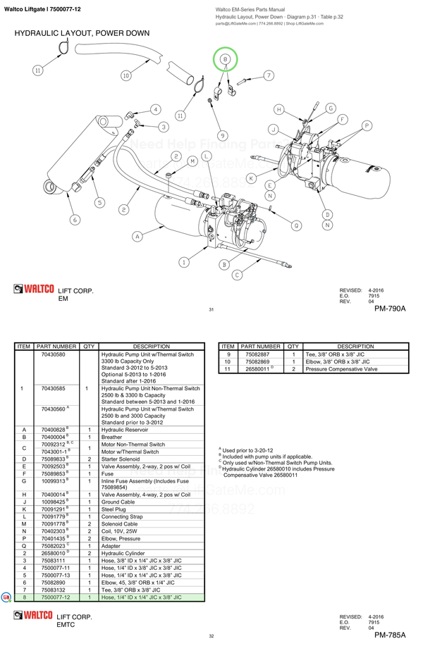 Waltco Liftgate | 7500077-12 — Hydraulic Layout, Power Down · Diagram p.31 · Table p.32 (Waltco EM-Series Parts Manual)