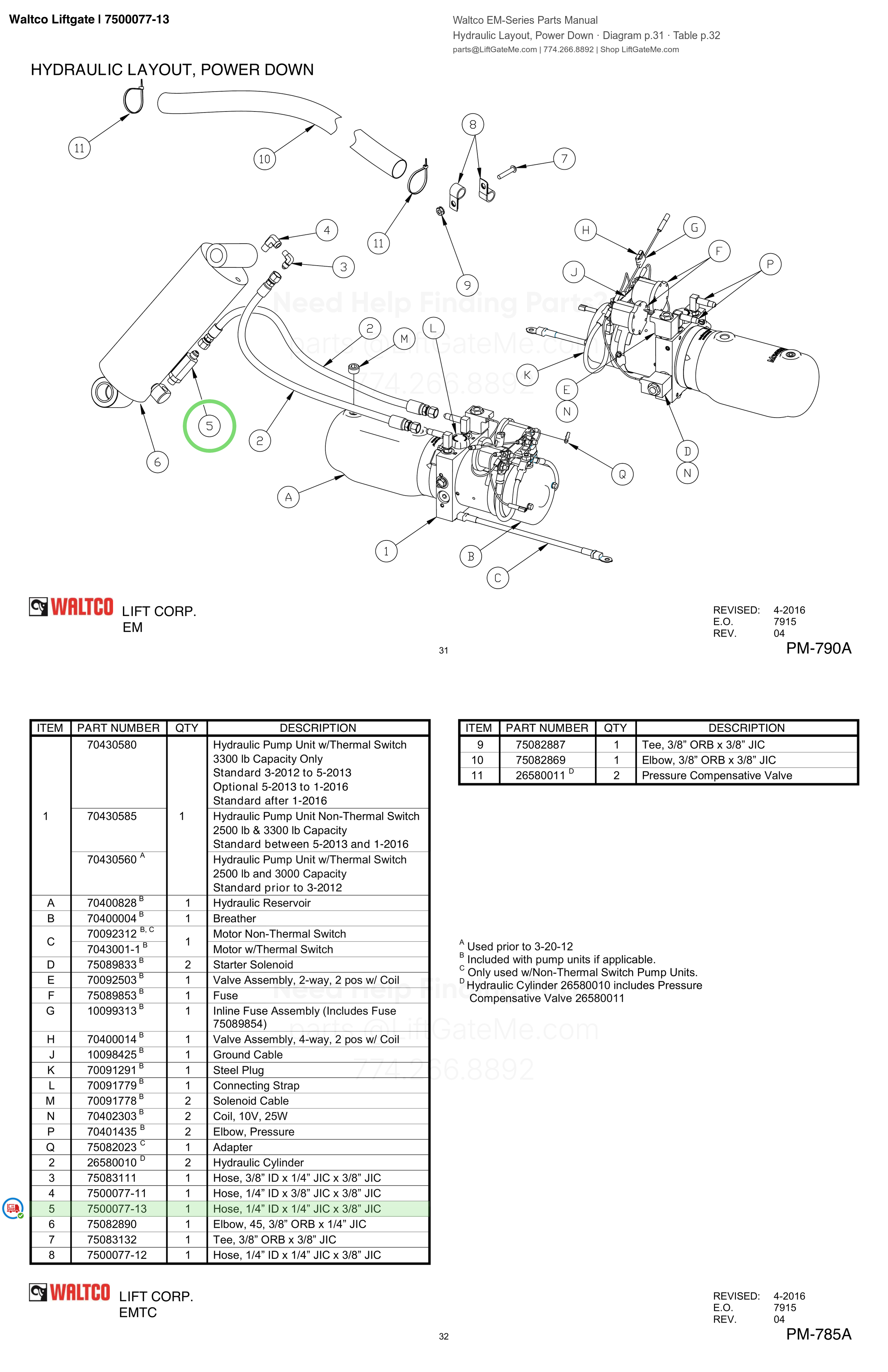 Waltco Liftgate | 7500077-13 — Hydraulic Layout, Power Down · Diagram p.31 · Table p.32 (Waltco EM-Series Parts Manual)