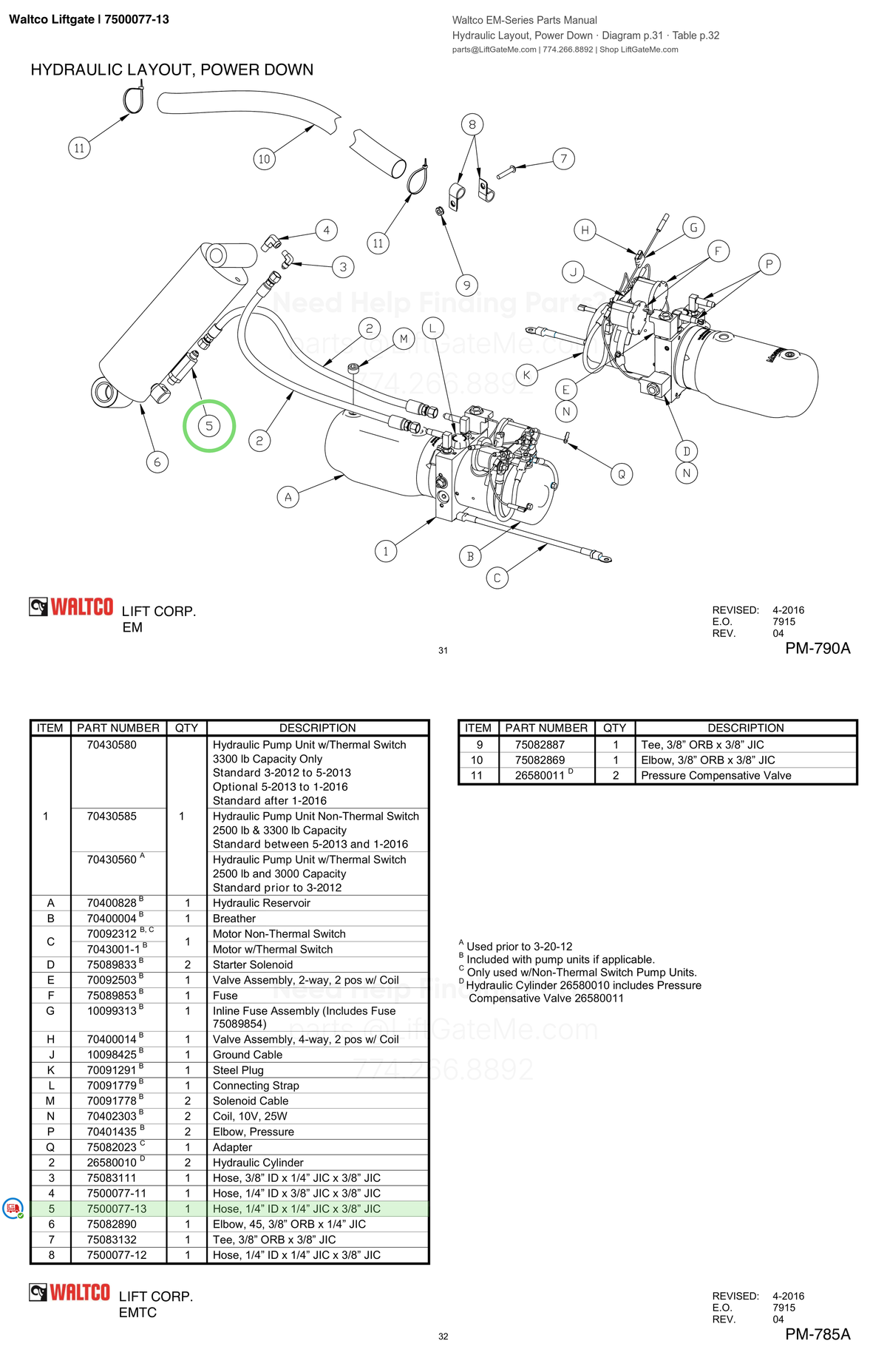 Waltco Liftgate | 7500077-13 — Hydraulic Layout, Power Down · Diagram p.31 · Table p.32 (Waltco EM-Series Parts Manual)