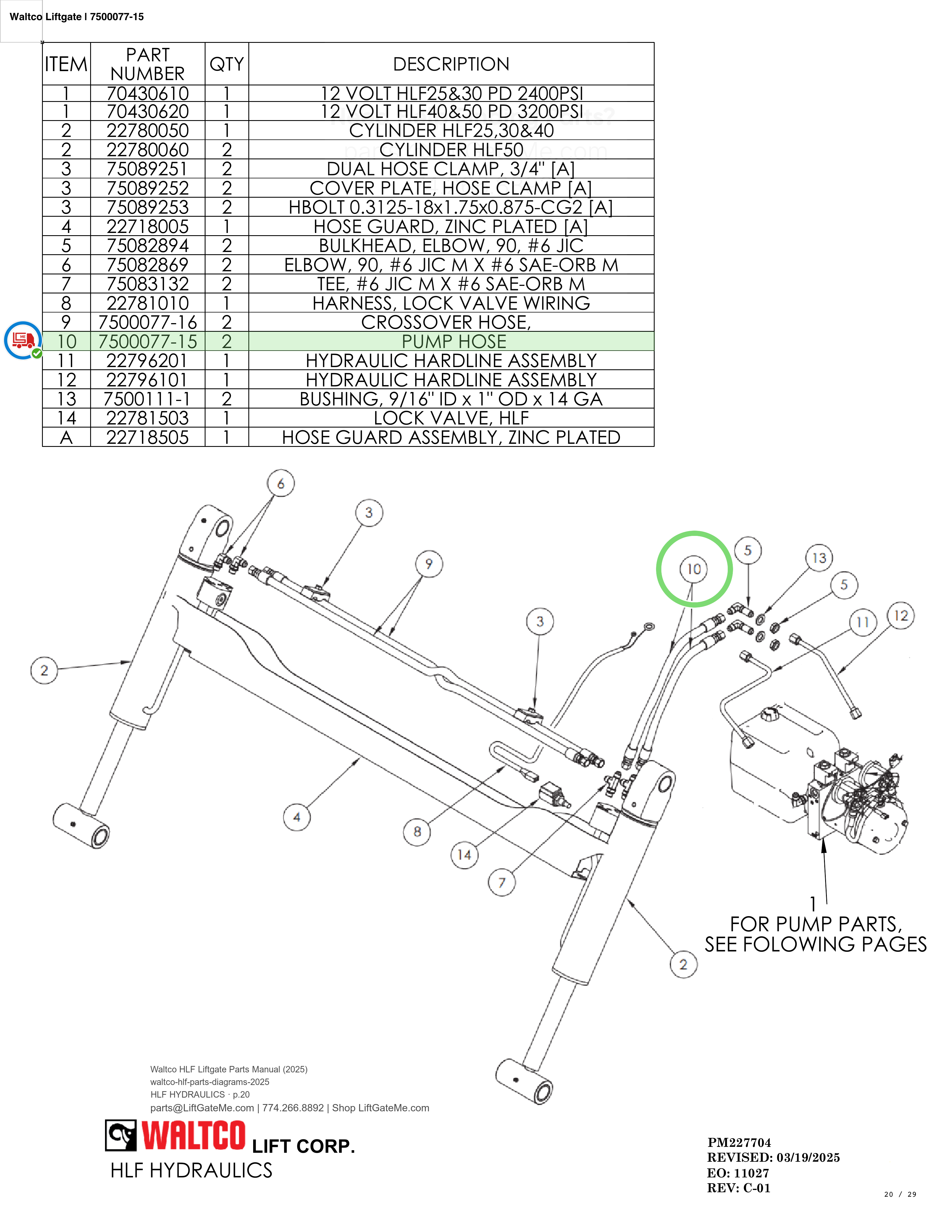 Waltco Liftgate | 7500077-15 — HLF HYDRAULICS · p.20 (Waltco HLF Parts Manual)