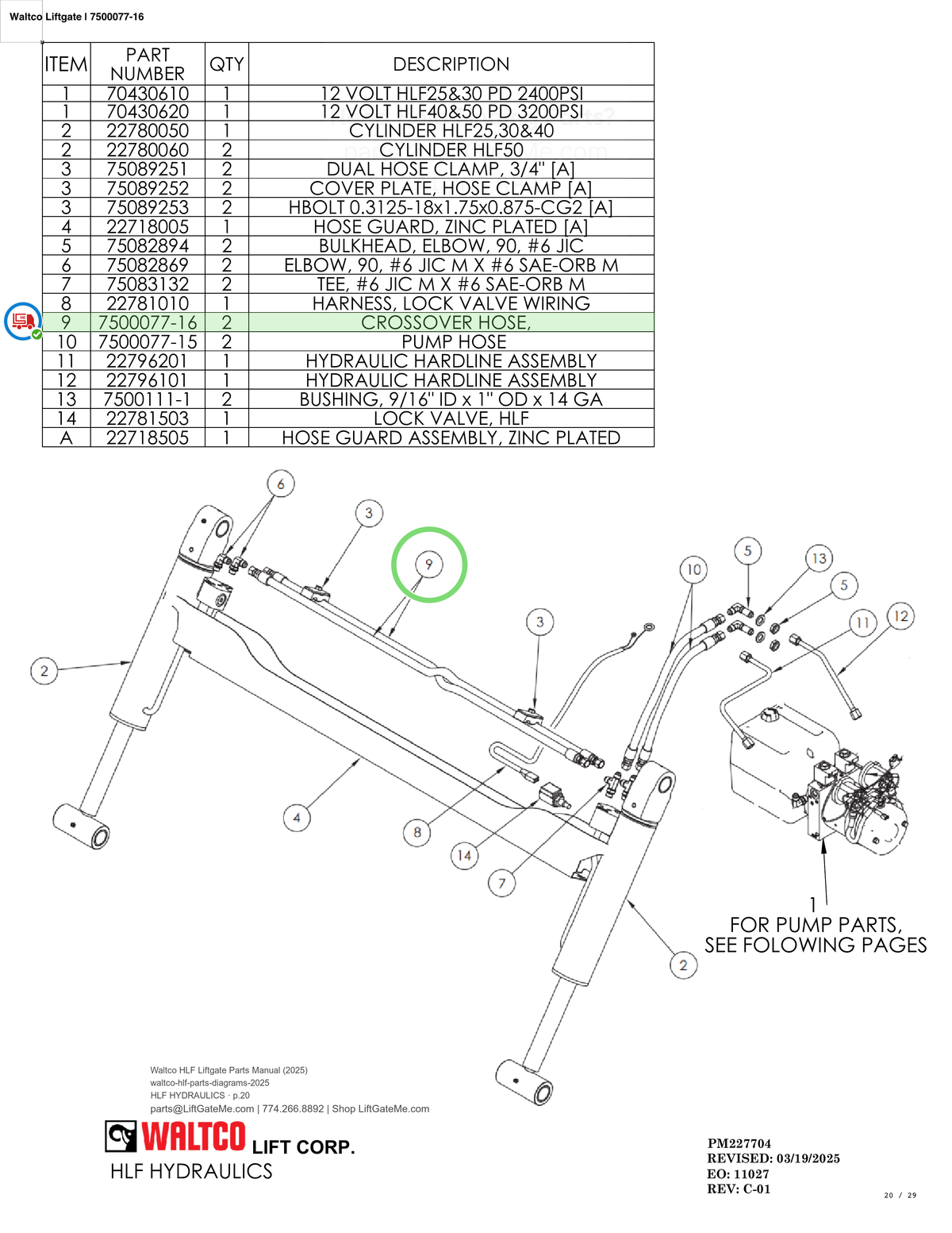 Waltco Liftgate | 7500077-16 — HLF HYDRAULICS · p.20 (Waltco HLF Parts Manual)