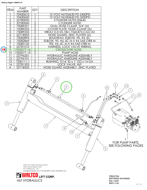 Waltco Liftgate | 7500077-16 — HLF HYDRAULICS · p.20 (Waltco HLF Parts Manual)