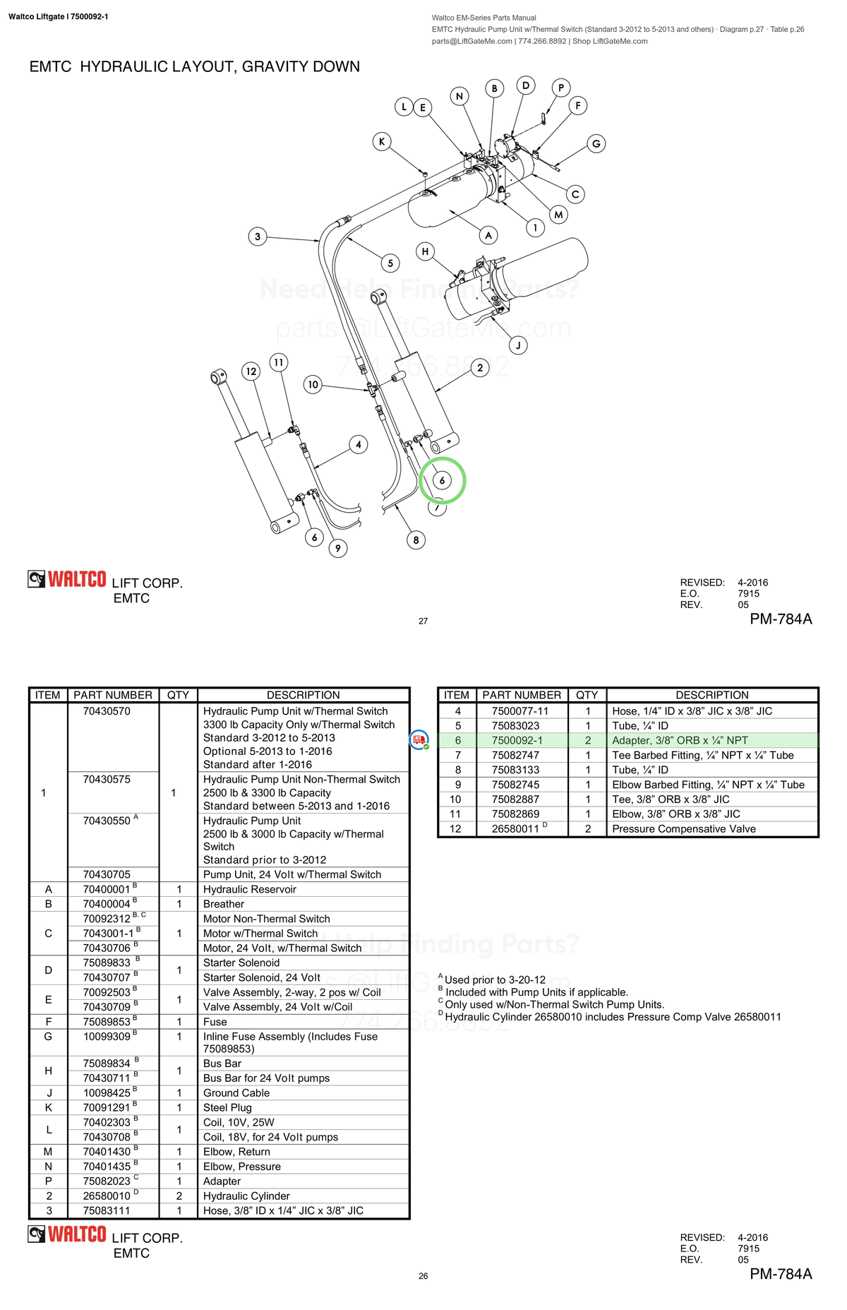 Waltco Liftgate | 7500092-1 — EMTC Hydraulic Pump Unit w/Thermal Switch (Standard 3-2012 to 5-2013 and others) · Diagram p.27 · Table p.26 (Waltco EM-Series Parts Manual)
