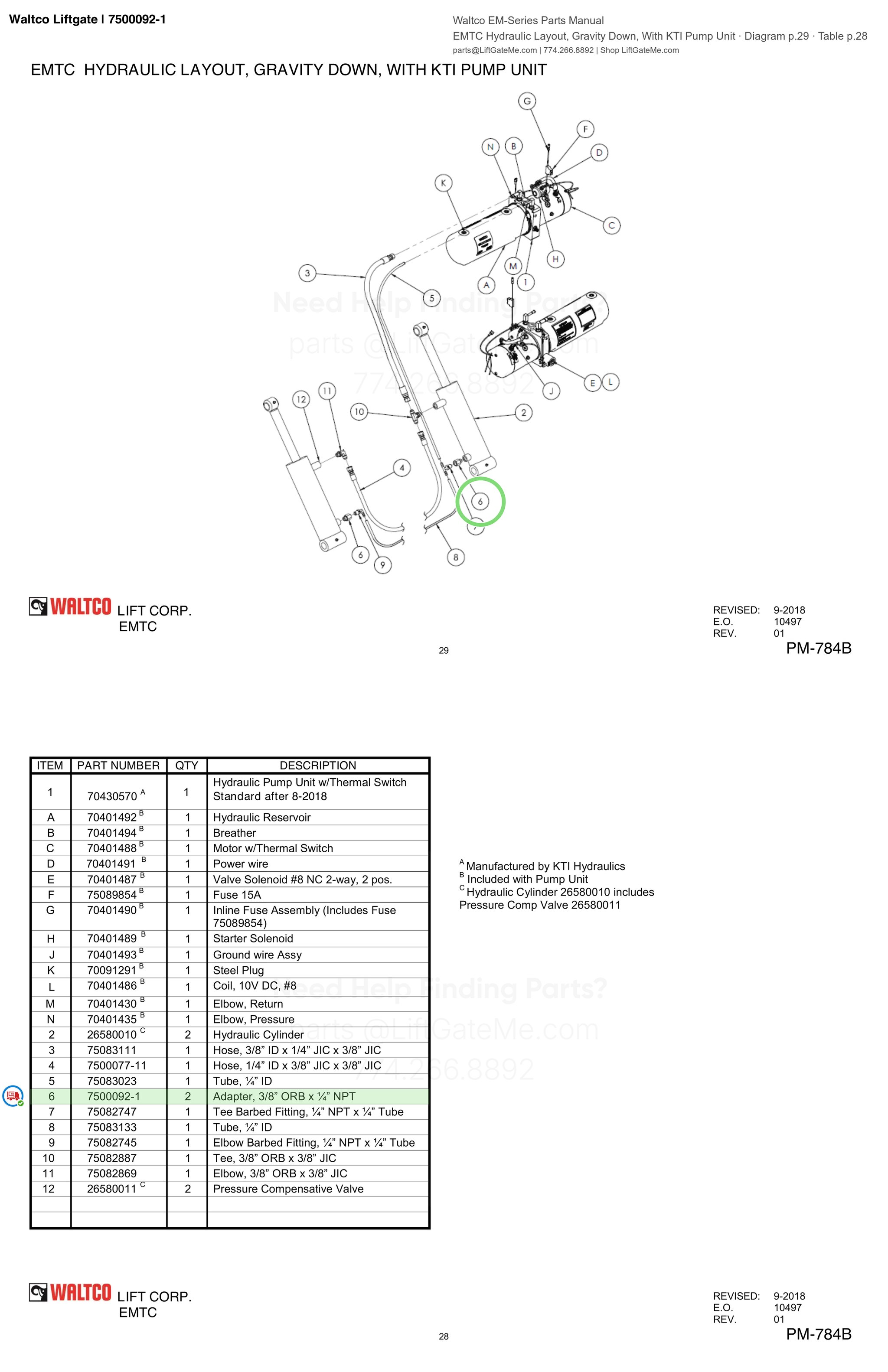 Waltco Liftgate | 7500092-1 — EMTC Hydraulic Layout, Gravity Down, With KTI Pump Unit · Diagram p.29 · Table p.28 (Waltco EM-Series Parts Manual)