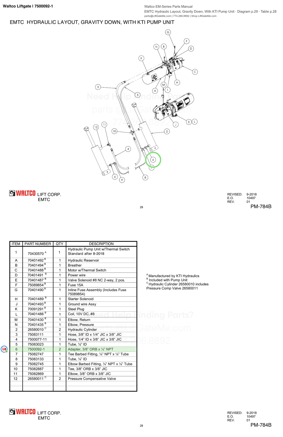 Waltco Liftgate | 7500092-1 — EMTC Hydraulic Layout, Gravity Down, With KTI Pump Unit · Diagram p.29 · Table p.28 (Waltco EM-Series Parts Manual)