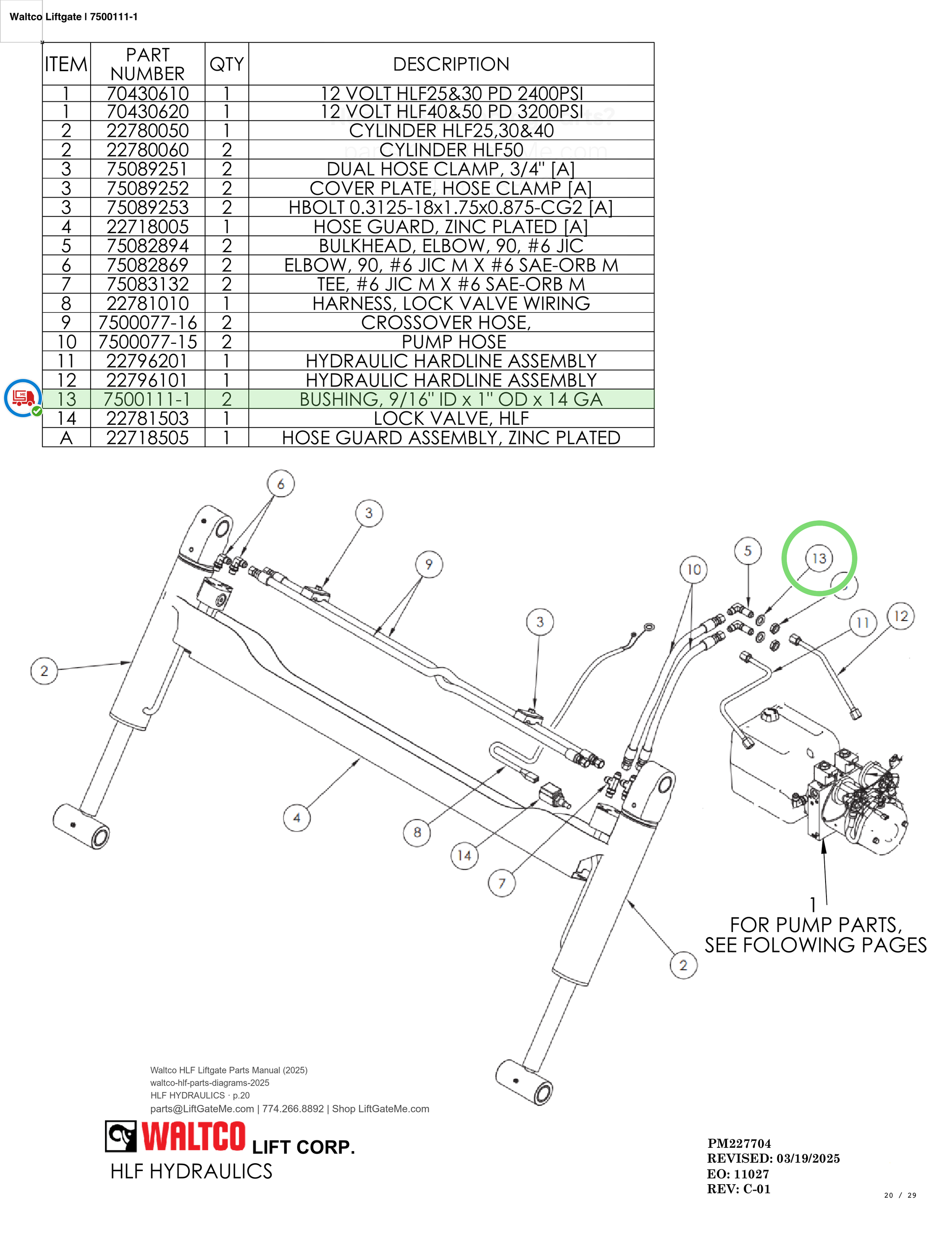 Waltco Liftgate | 7500111-1 — HLF HYDRAULICS · p.20 (Waltco HLF Parts Manual)