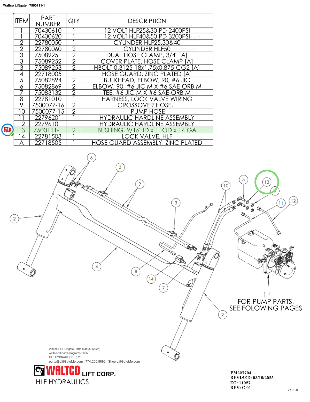 Waltco Liftgate | 7500111-1 — HLF HYDRAULICS · p.20 (Waltco HLF Parts Manual)