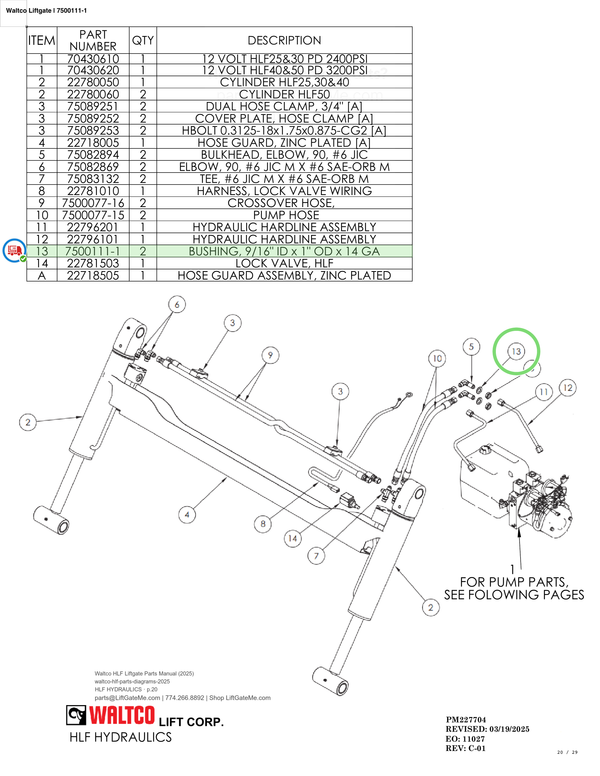 Waltco Liftgate | 7500111-1 — HLF HYDRAULICS · p.20 (Waltco HLF Parts Manual)