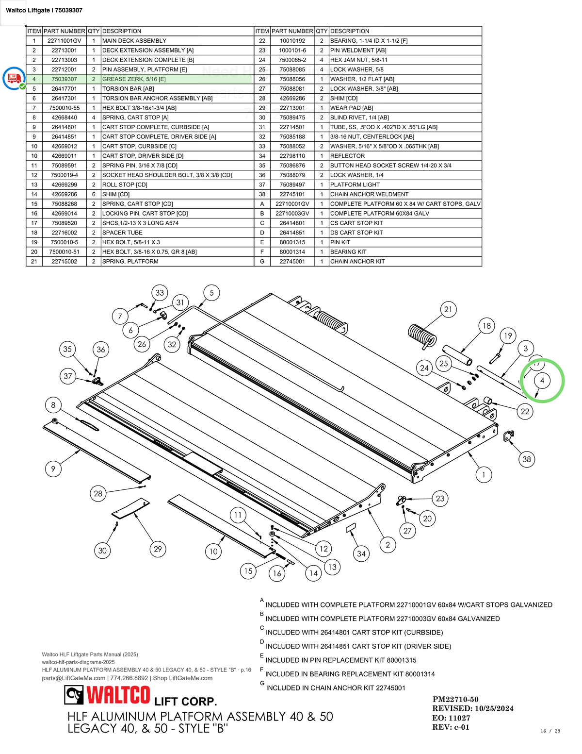 Waltco Liftgate | 75039307 — HLF ALUMINUM PLATFORM ASSEMBLY 40 & 50 LEGACY 40, & 50 - STYLE "B" · p.16 (Waltco HLF Parts Manual)