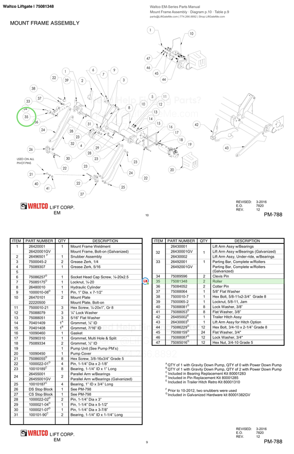 Waltco Liftgate | 75081348 — Mount Frame Assembly · Diagram p.10 · Table p.9 (Waltco EM-Series Parts Manual)