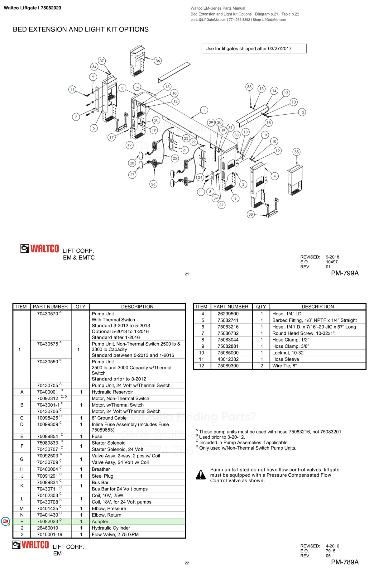 Waltco Liftgate | 75082023 — Bed Extension and Light Kit Options · Diagram p.21 · Table p.22 (Waltco EM-Series Parts Manual)
