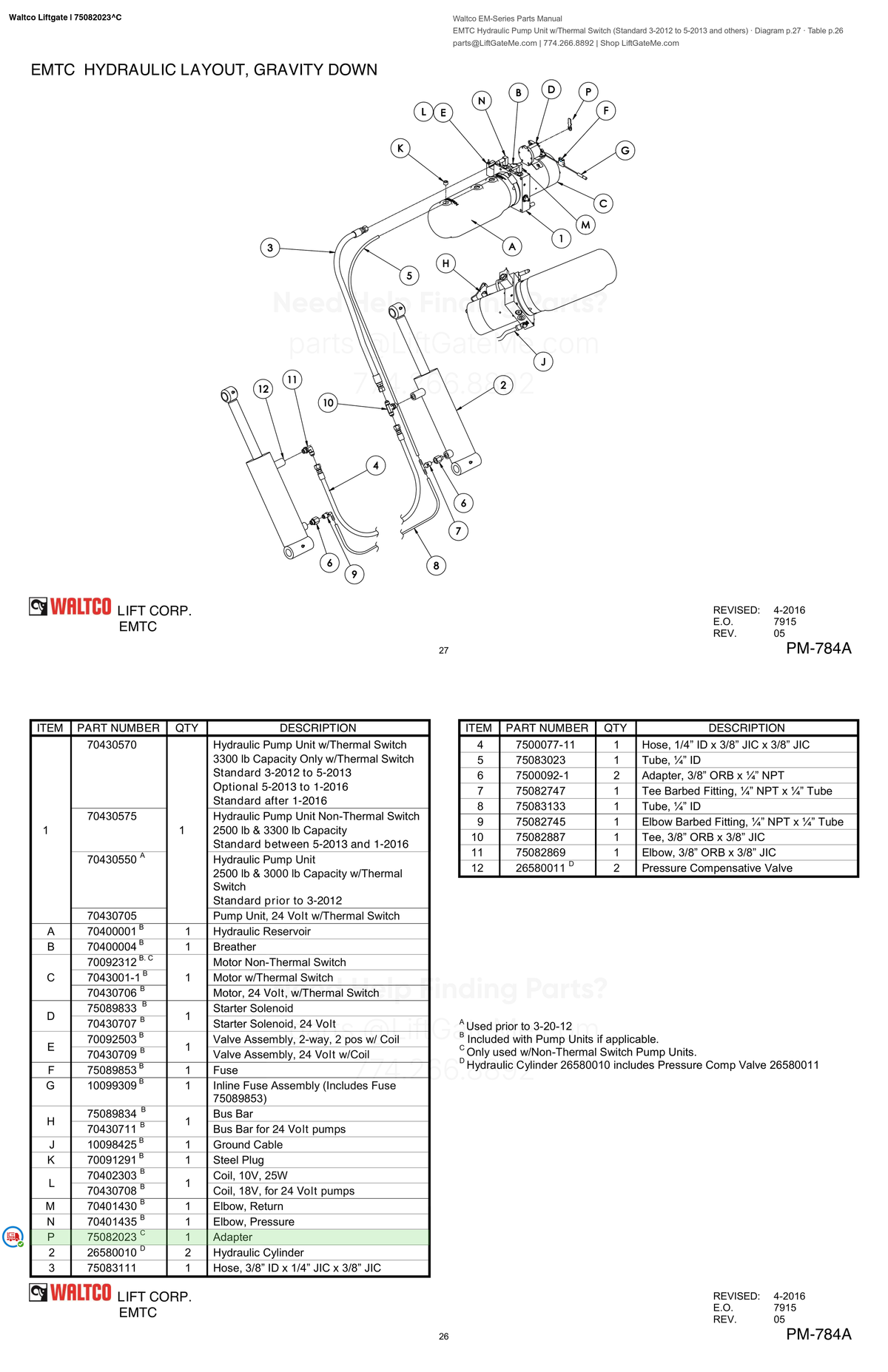 Waltco Liftgate | 75082023 — EMTC Hydraulic Pump Unit w/Thermal Switch (Standard 3-2012 to 5-2013 and others) · Diagram p.27 · Table p.26 (Waltco EM-Series Parts Manual)