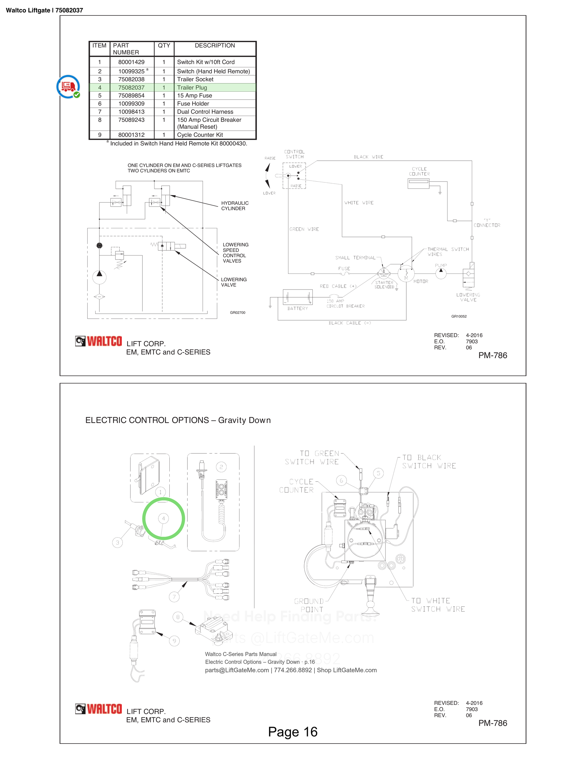 Waltco Liftgate | 75082037 — Electric Control Options – Gravity Down · p.16 (Waltco C-Series Parts Manual)