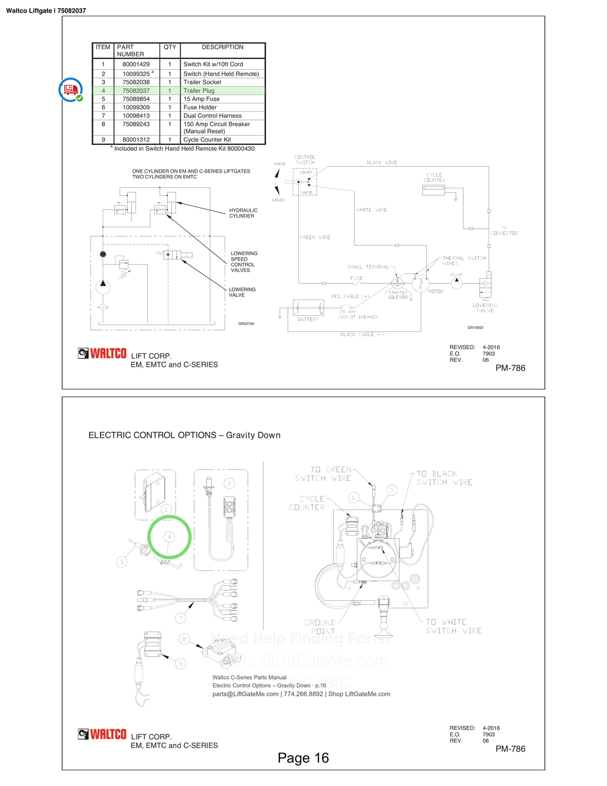 Waltco Liftgate | 75082037 — Electric Control Options – Gravity Down · p.16 (Waltco C-Series Parts Manual)