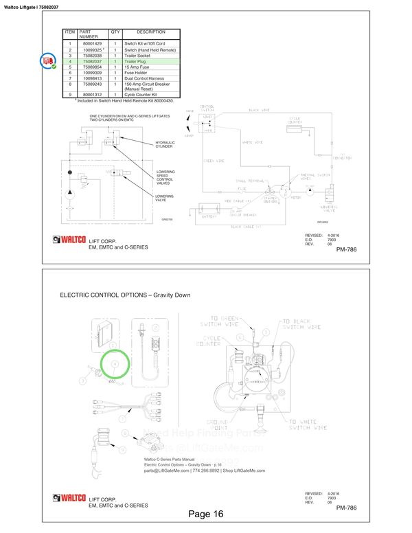 Waltco Liftgate | 75082037 — Electric Control Options – Gravity Down · p.16 (Waltco C-Series Parts Manual)