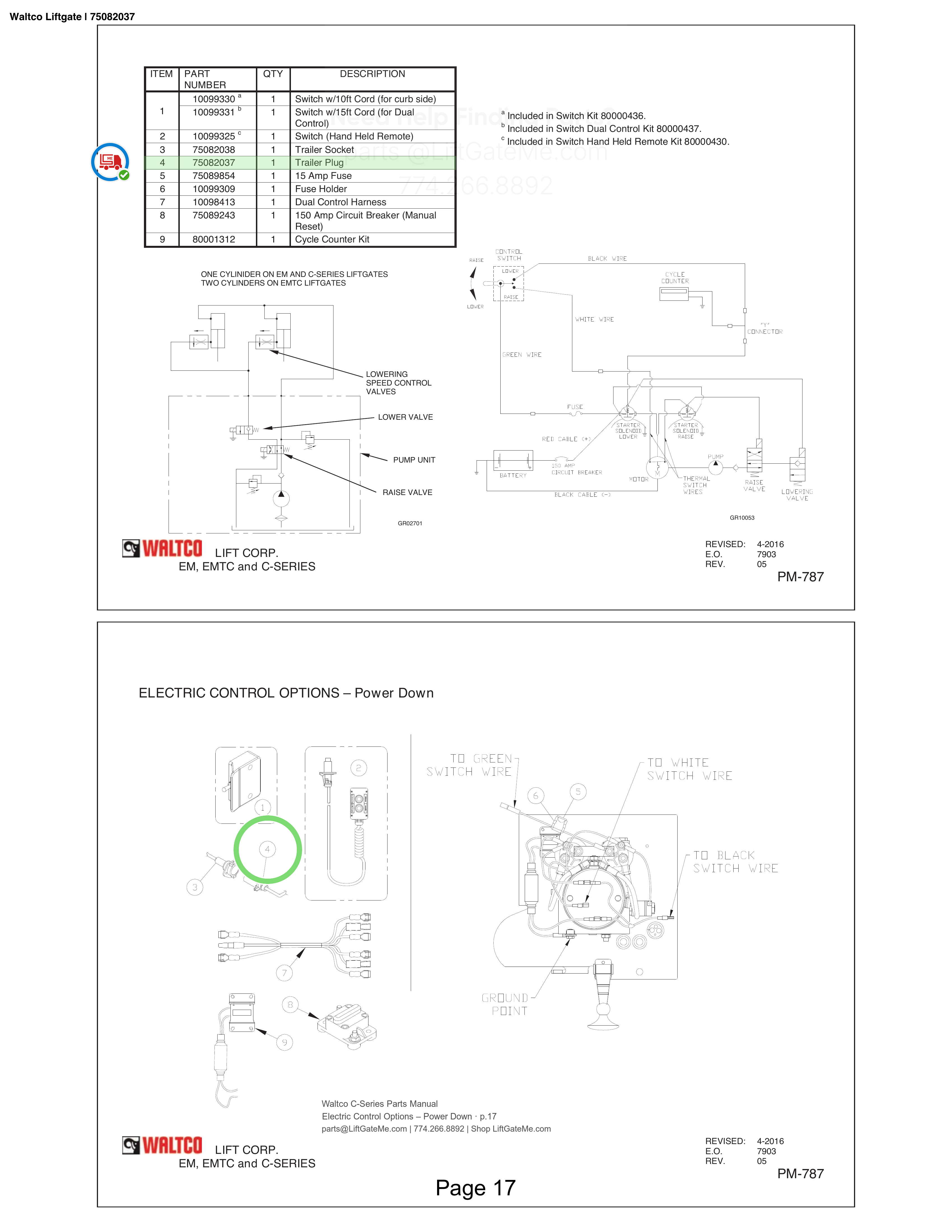Waltco Liftgate | 75082037 — Electric Control Options – Power Down · p.17 (Waltco C-Series Parts Manual)