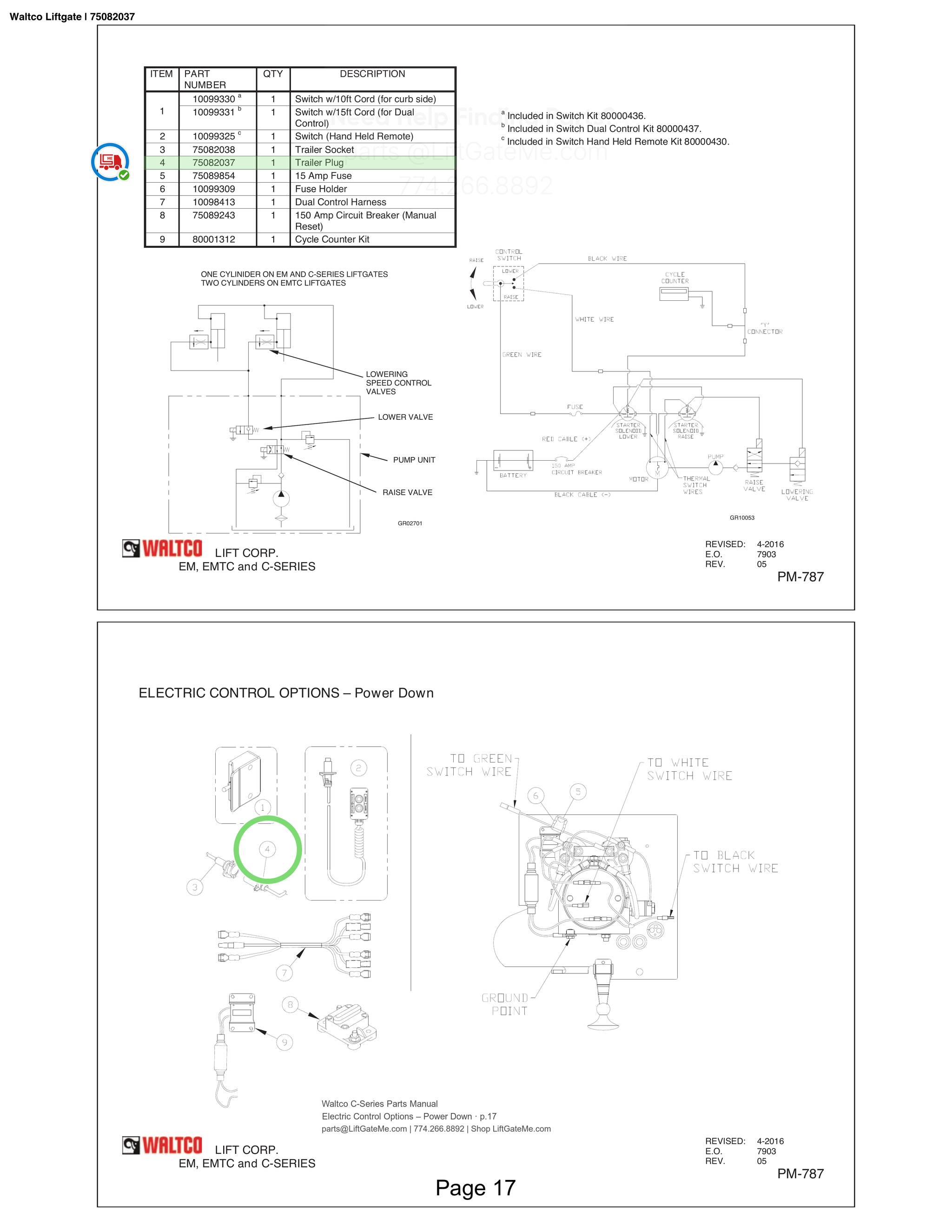 Waltco Liftgate | 75082037 — Electric Control Options – Power Down · p.17 (Waltco C-Series Parts Manual)