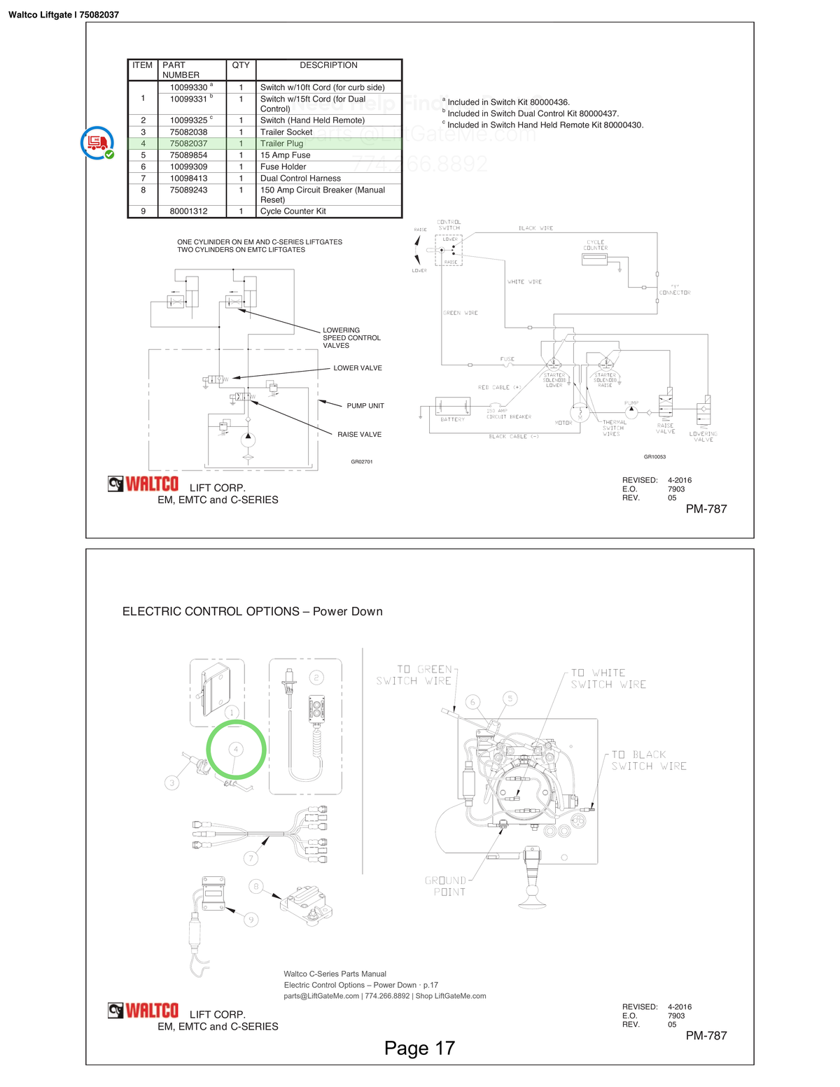 Waltco Liftgate | 75082037 — Electric Control Options – Power Down · p.17 (Waltco C-Series Parts Manual)