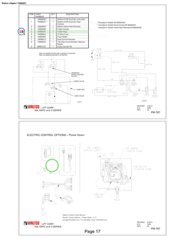 Waltco Liftgate | 75082037 — Electric Control Options – Power Down · p.17 (Waltco C-Series Parts Manual)