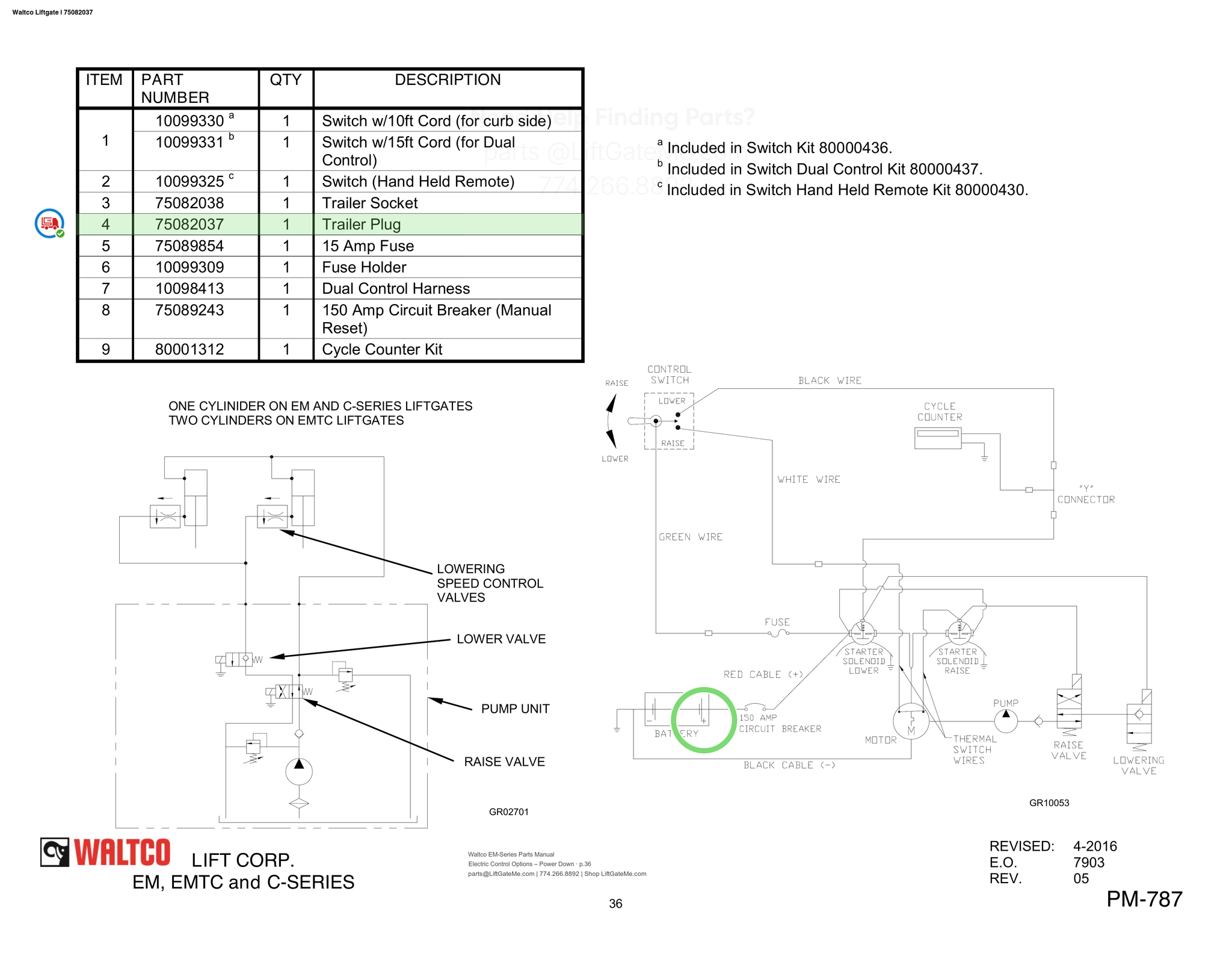 Waltco Liftgate | 75082037 — Electric Control Options – Power Down · p.36 (Waltco EM-Series Parts Manual)
