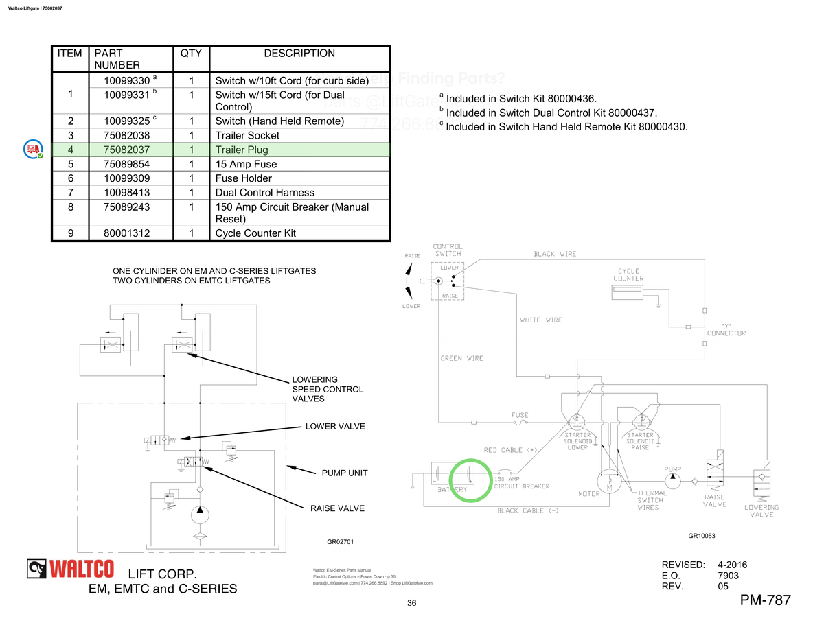 Waltco Liftgate | 75082037 — Electric Control Options – Power Down · p.36 (Waltco EM-Series Parts Manual)