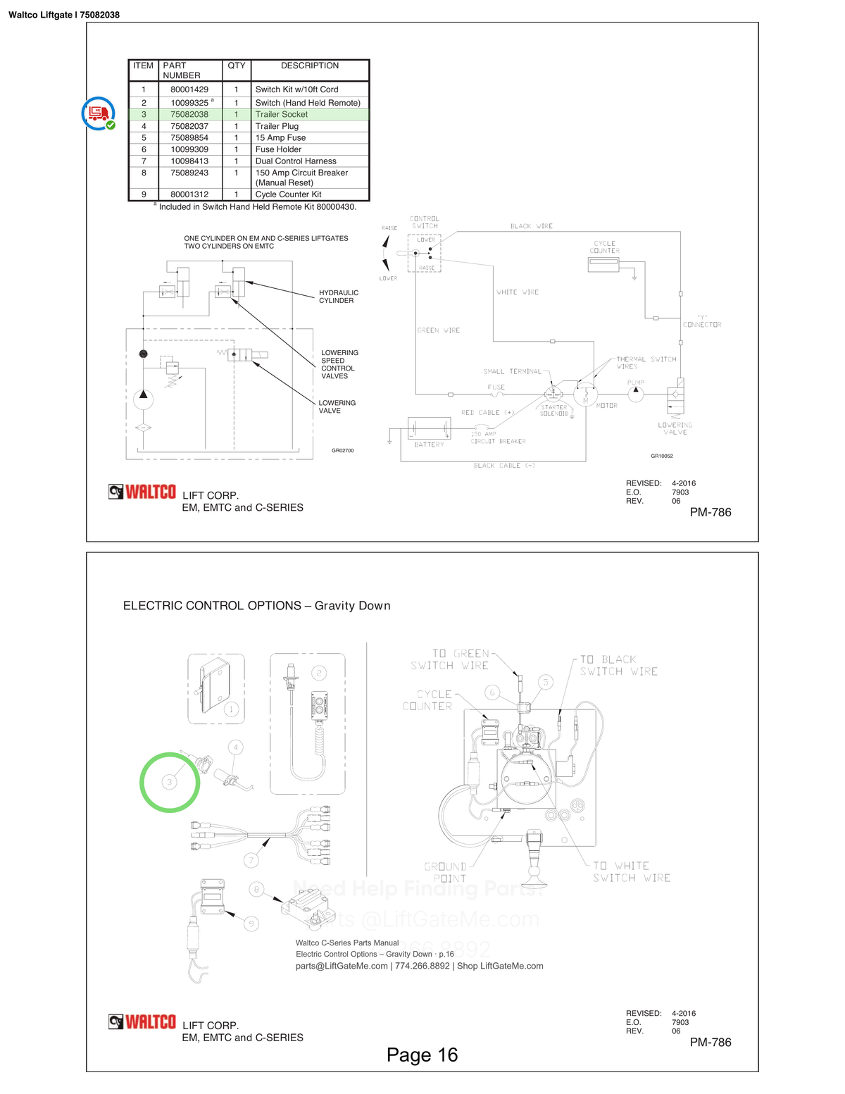 Waltco Liftgate | 75082038 — Electric Control Options – Gravity Down · p.16 (Waltco C-Series Parts Manual)