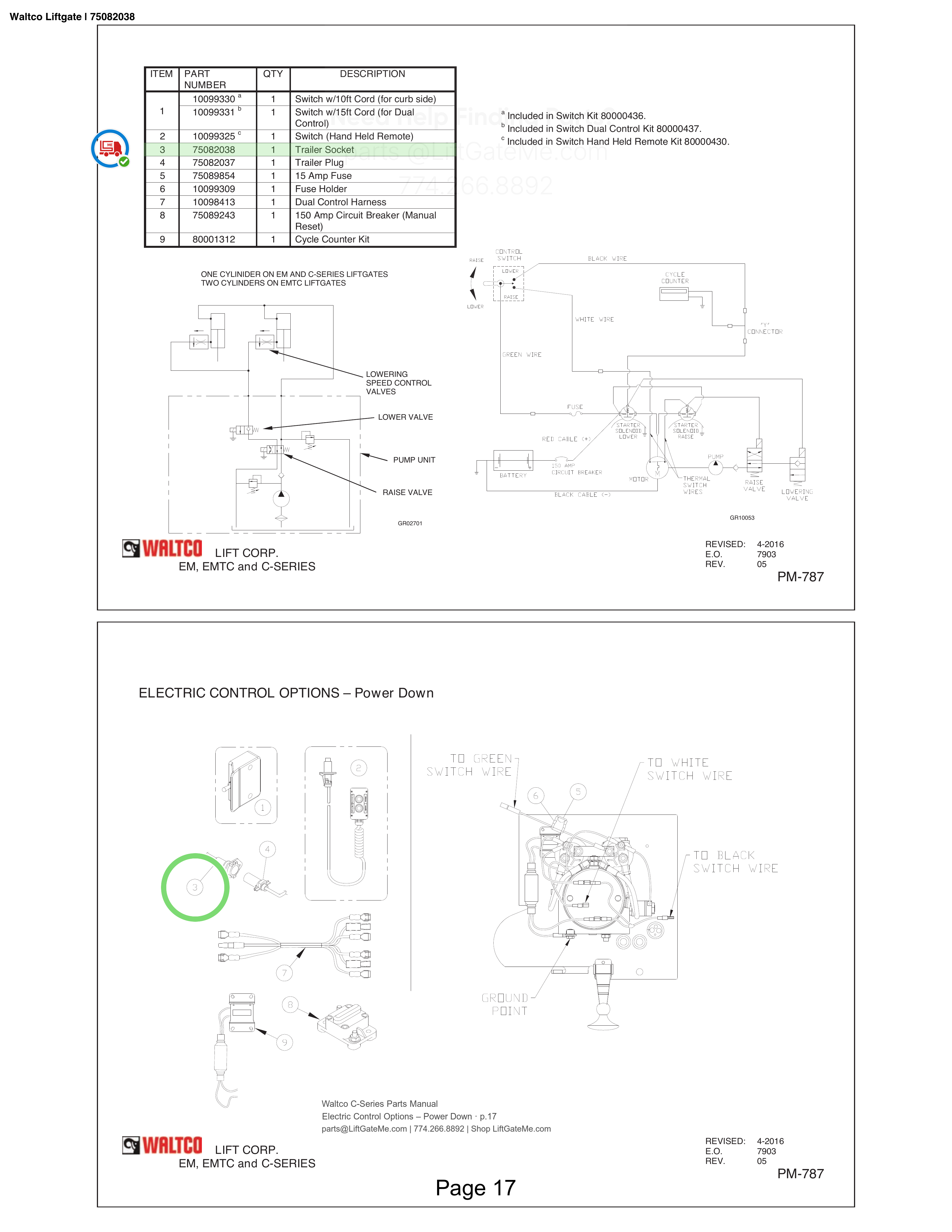 Waltco Liftgate | 75082038 — Electric Control Options – Power Down · p.17 (Waltco C-Series Parts Manual)