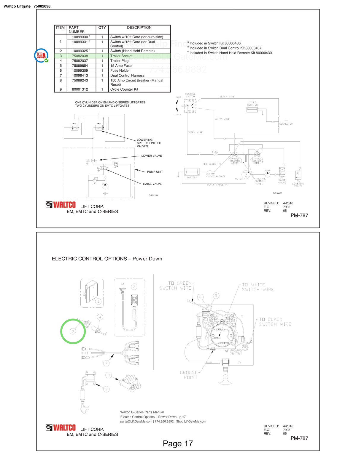 Waltco Liftgate | 75082038 — Electric Control Options – Power Down · p.17 (Waltco C-Series Parts Manual)
