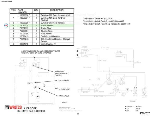 Waltco Liftgate | 75082038 — Electric Control Options – Power Down · p.36 (Waltco EM-Series Parts Manual)