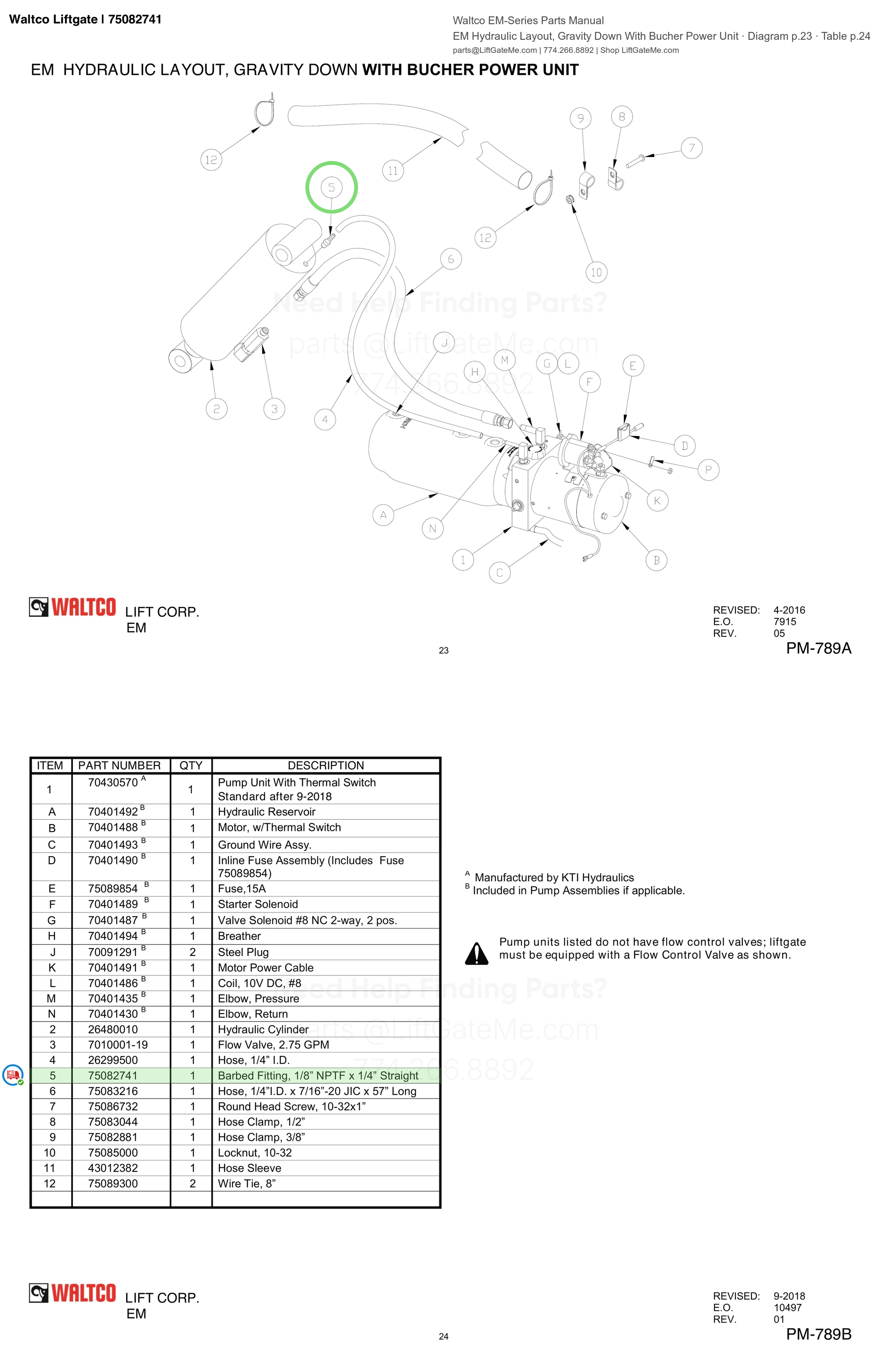 Waltco Liftgate | 75082741 — EM Hydraulic Layout, Gravity Down With Bucher Power Unit · Diagram p.23 · Table p.24 (Waltco EM-Series Parts Manual)