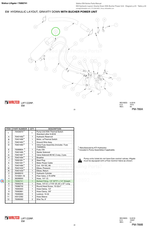 Waltco Liftgate | 75082741 — EM Hydraulic Layout, Gravity Down With Bucher Power Unit · Diagram p.23 · Table p.24 (Waltco EM-Series Parts Manual)