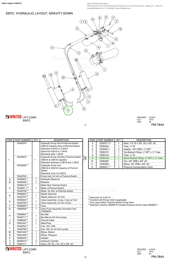 Waltco Liftgate | 75082745 — EMTC Hydraulic Pump Unit w/Thermal Switch (Standard 3-2012 to 5-2013 and others) · Diagram p.27 · Table p.26 (Waltco EM-Series Parts Manual)