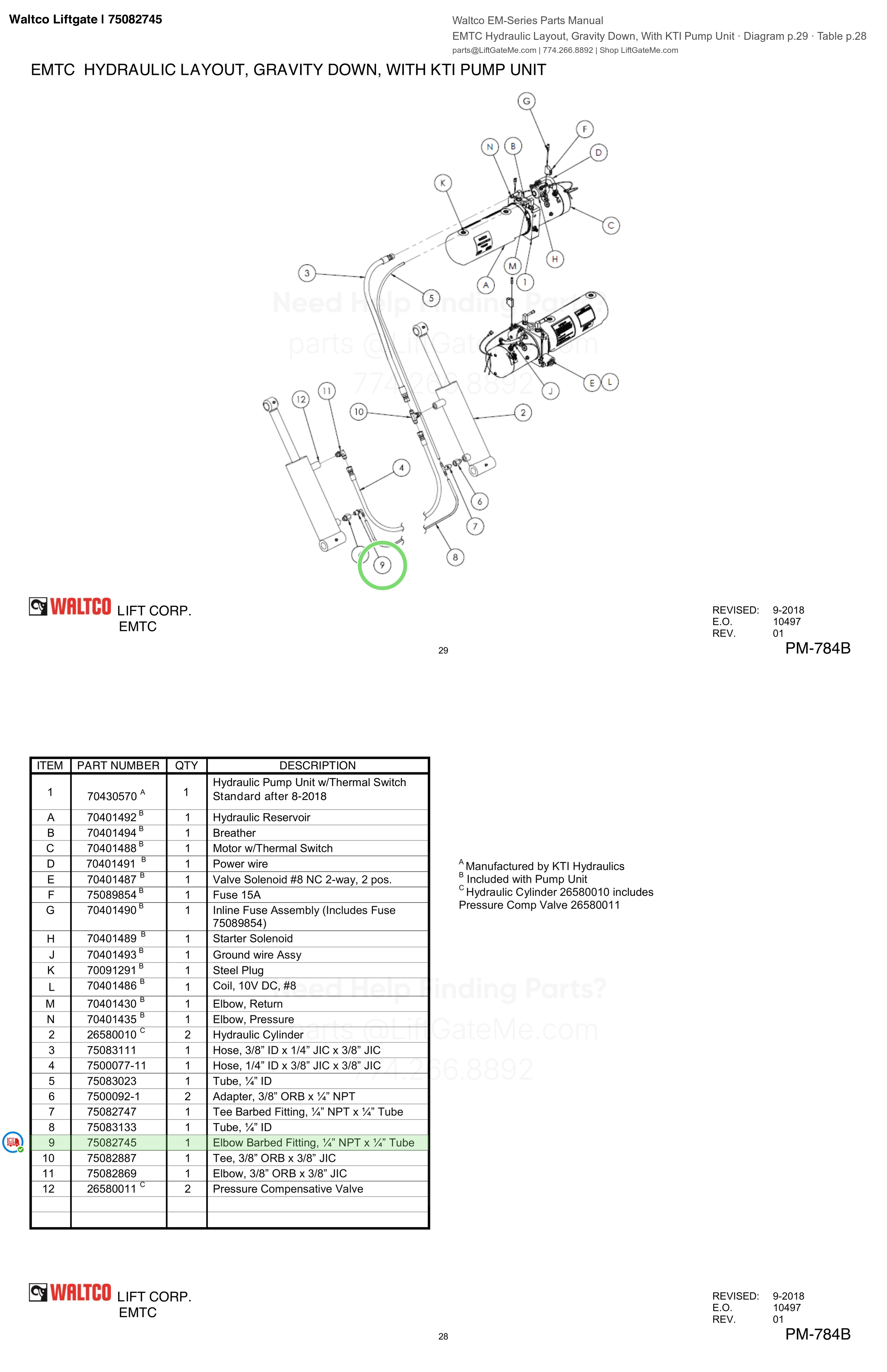 Waltco Liftgate | 75082745 — EMTC Hydraulic Layout, Gravity Down, With KTI Pump Unit · Diagram p.29 · Table p.28 (Waltco EM-Series Parts Manual)